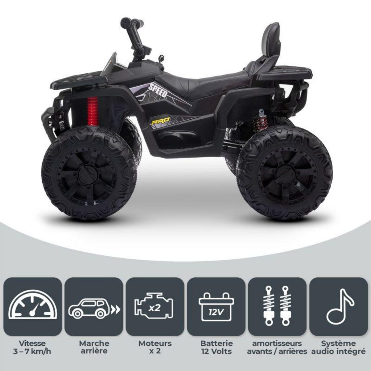 PLAY4FUN Quad électrique 2x 40W pour enfant - avec 4 suspensions, Marche AV/AR et Système audio