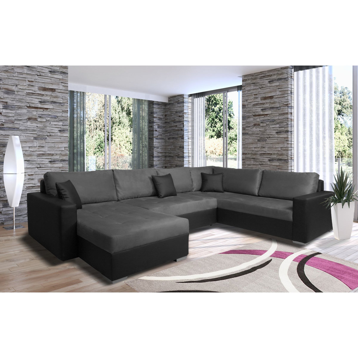 Canapé d'angle droit convertible panoramique 5 places tissu simili avec coffre MAGNUS