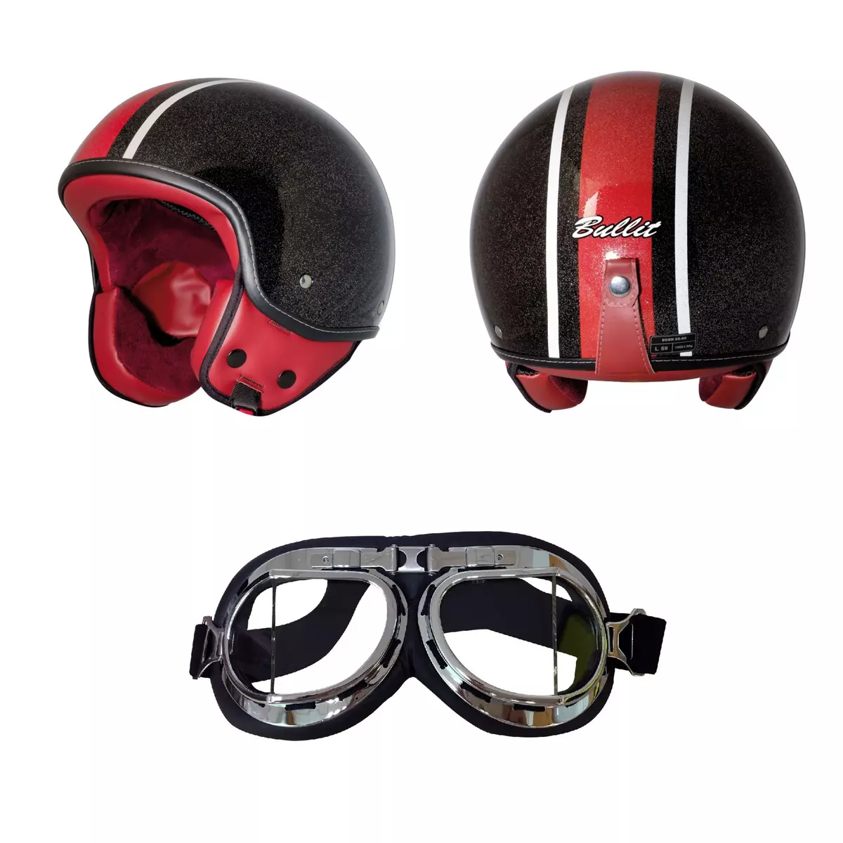 BULLIT Casque de moto Jet Helmet Noir + lunettes moto rétro noir