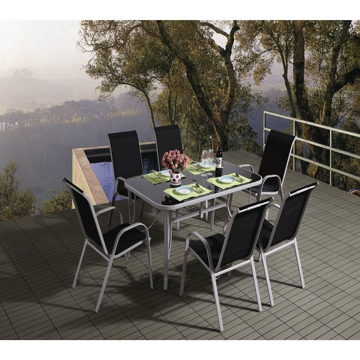 Habitat et Jardin Table et chaises de jardin en textilène  Cordoba  - Phoenix - 6 places - Noir