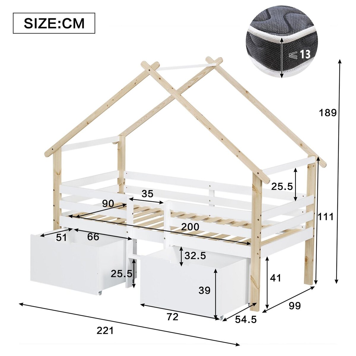 MERAX Lit cabane enfant 90x200cm bois et mdf coloris blanc+naturel