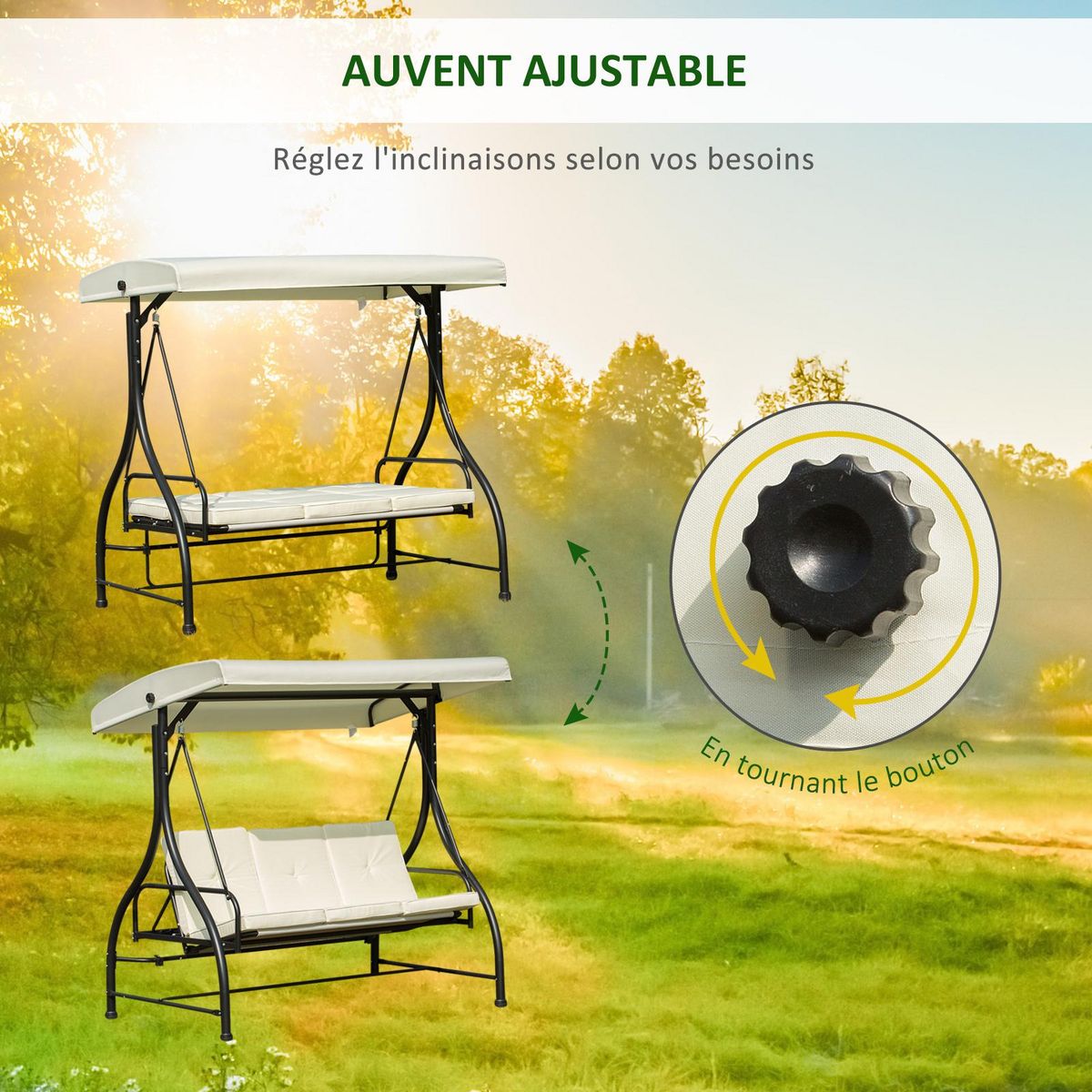 OUTSUNNY Balancelle de jardin 3 places convertible inclinaison toit réglable matelas grand confort rembourrage 8 cm fourni 1,96L x 1,17l x 1,78H m métal époxy noir crème