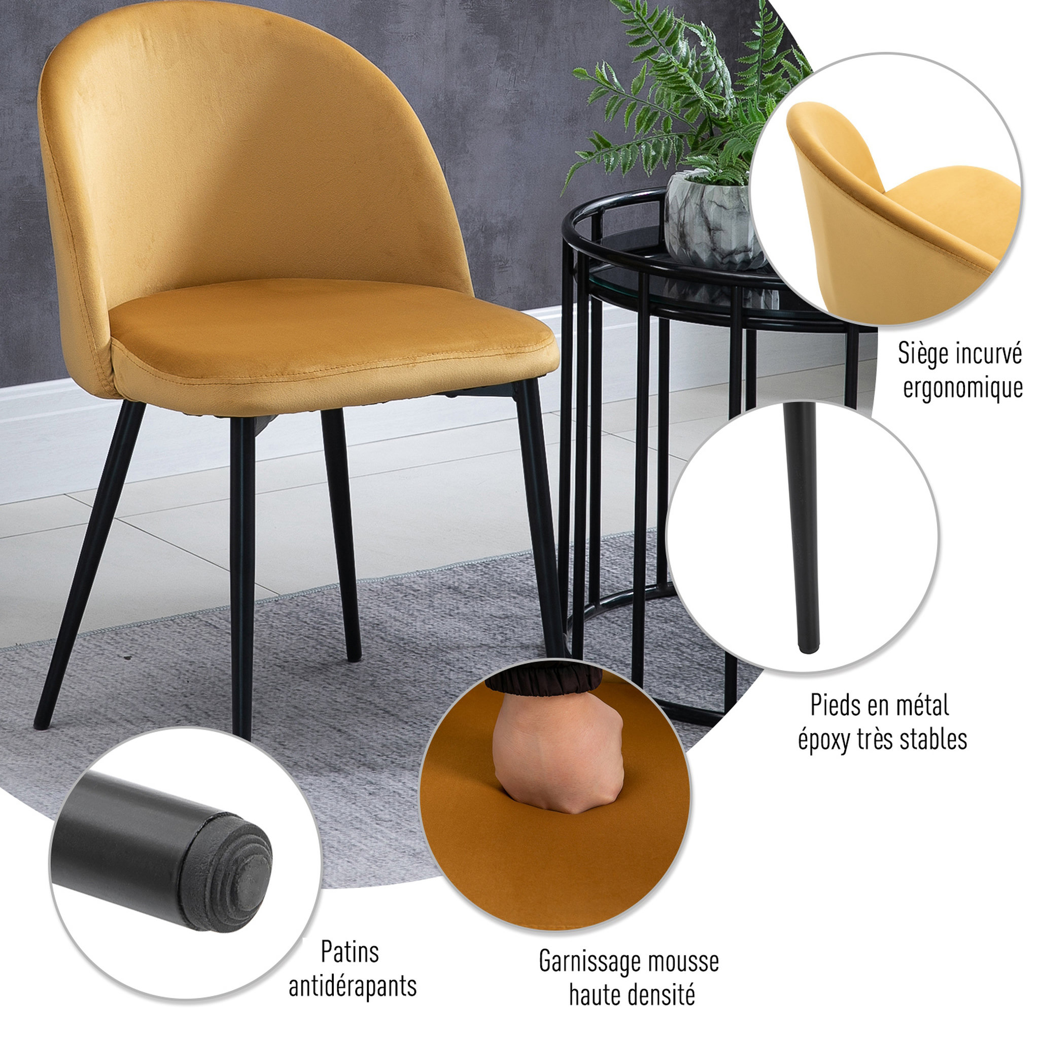 Voir la diapositive 5 : HOMCOM Chaises de visiteur design scandinave - lot de 2 chaises - pieds effilés métal noir - assise dossier ergonomique velours moutarde