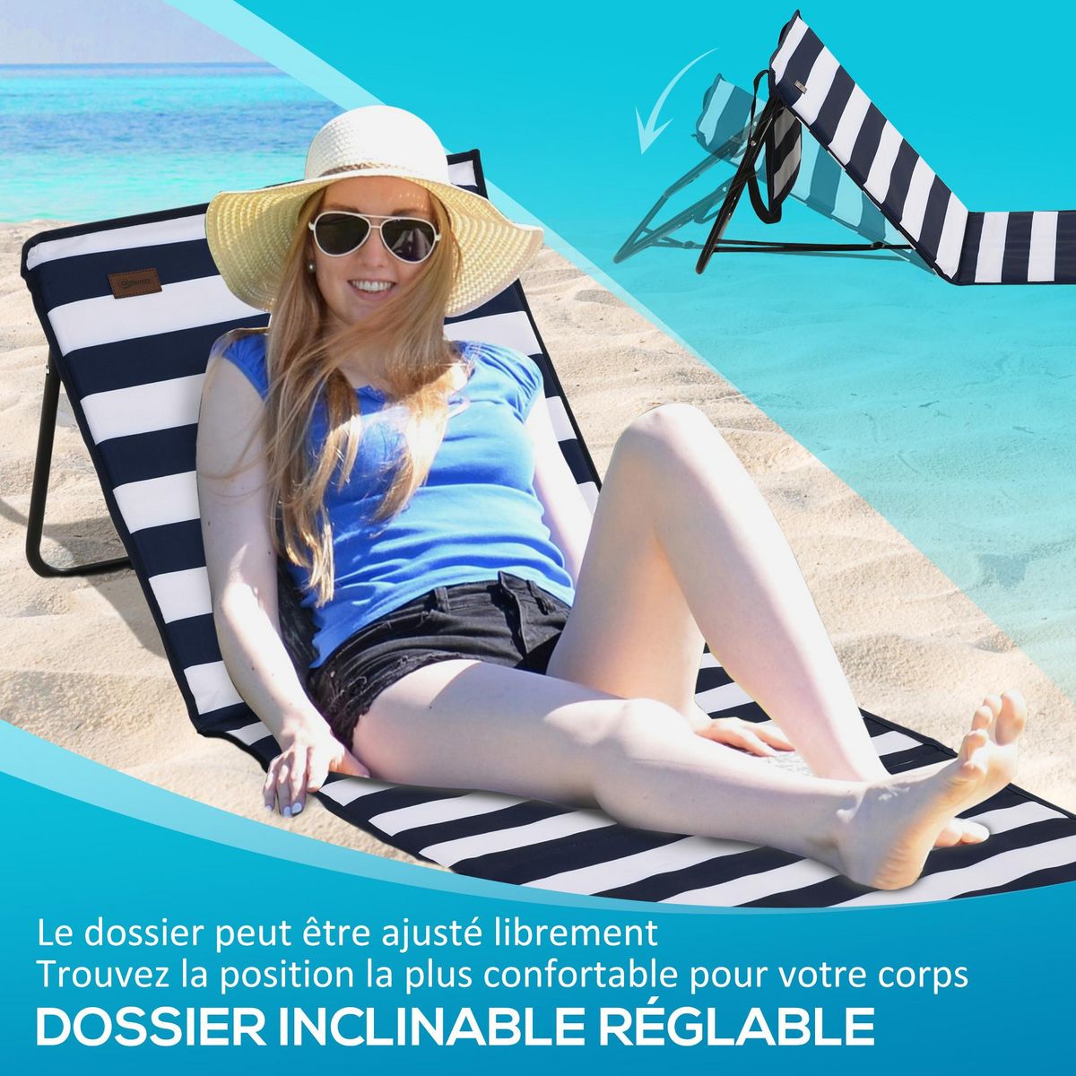 OUTSUNNY Lot de 2 tapis de plage rembourrés pliables - matelas de plage - dossier inclinable, rangement - métal polyester blanc bleu