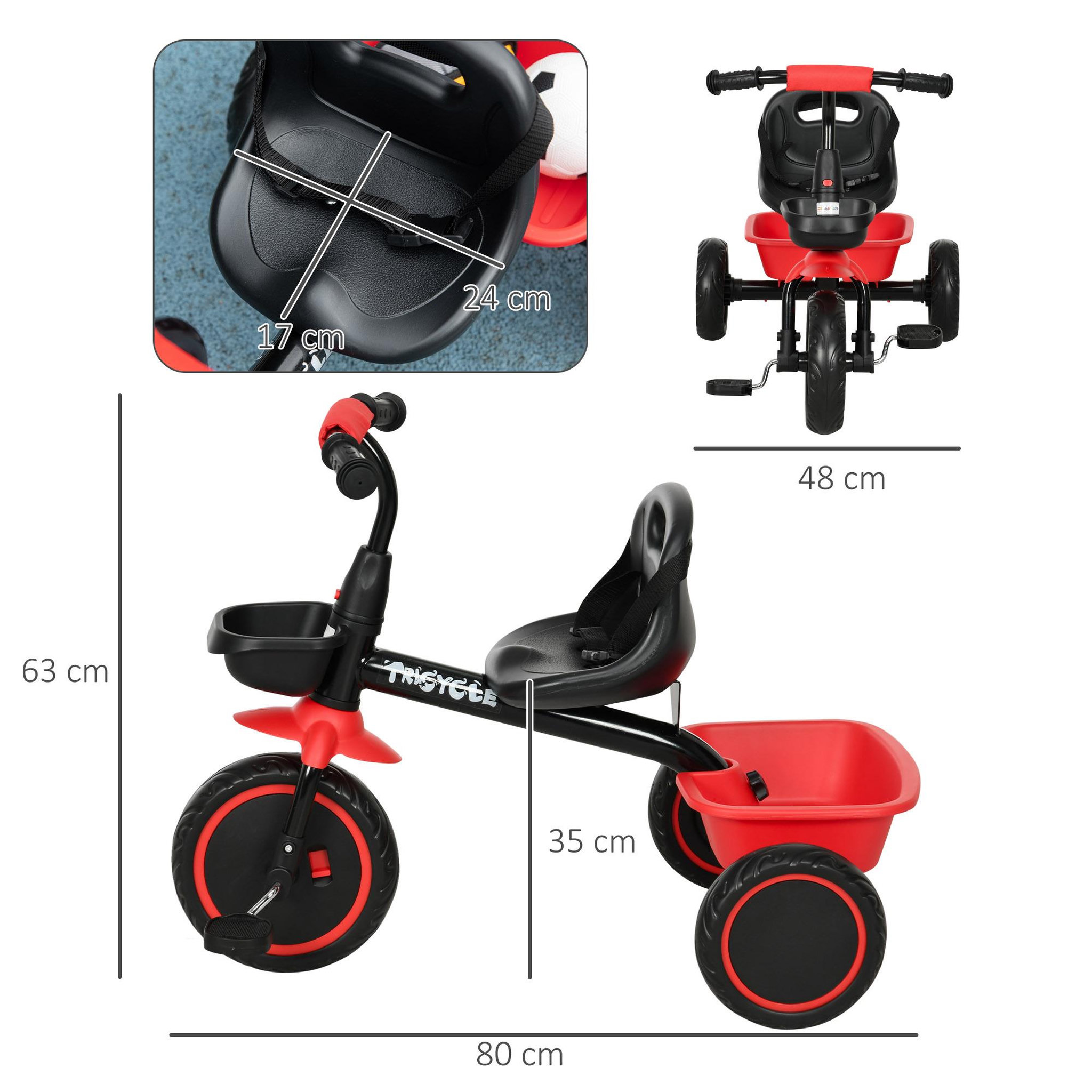 Voir la diapositive 3 : HOMCOM Tricycle pour enfant évolutif avec siège réglable - pédales - 2 paniers - ceinture - pour enfant de 2 à 5 ans - rouge et noir