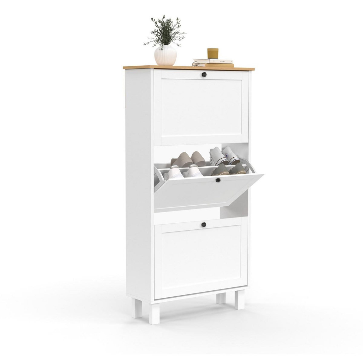 ID MARKET Meuble à chaussures 18 paires ACHILLE 3 portes blanc et plateau bois