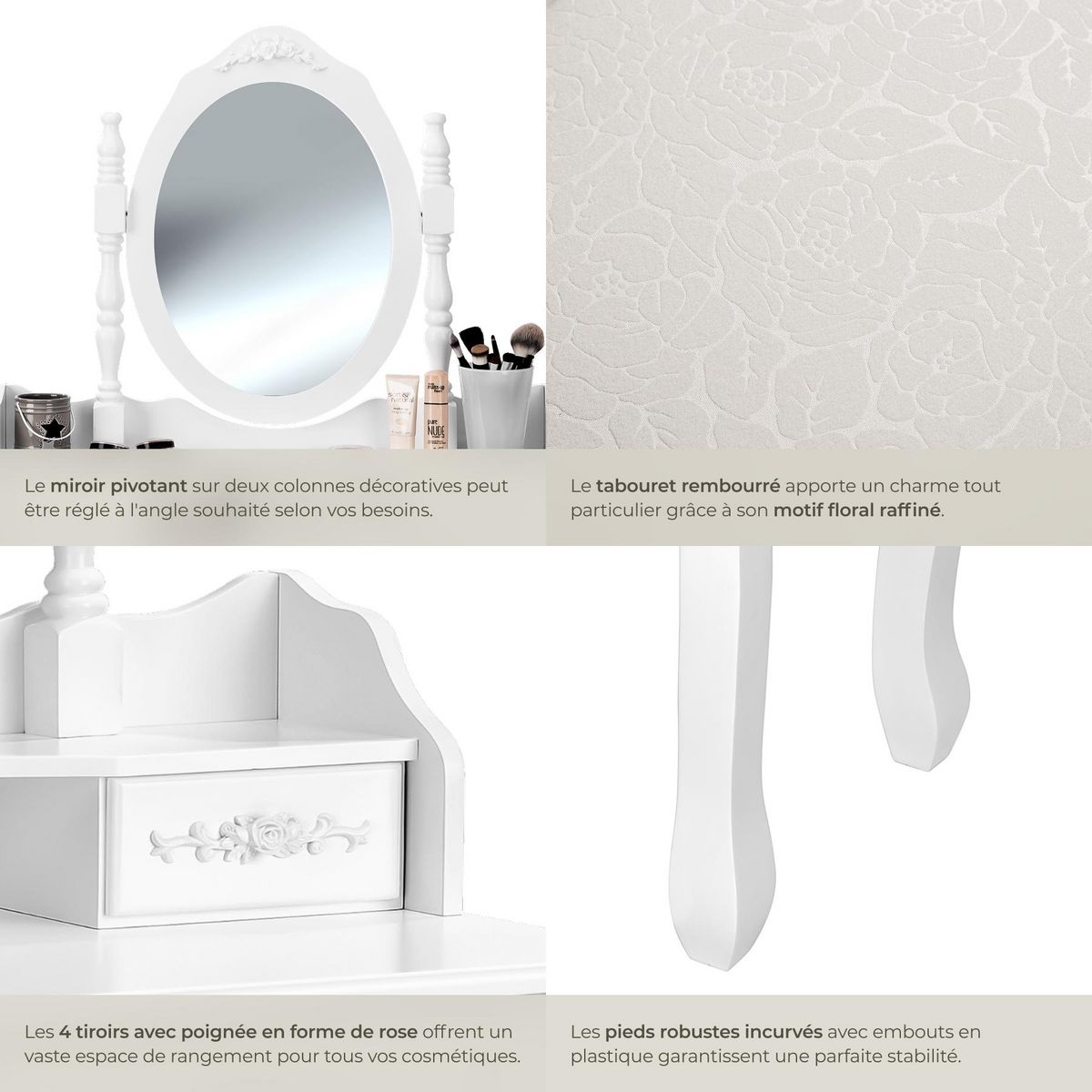 tectake Coiffeuse table de maquillage au look vintage avec tabouret rembourré blanc