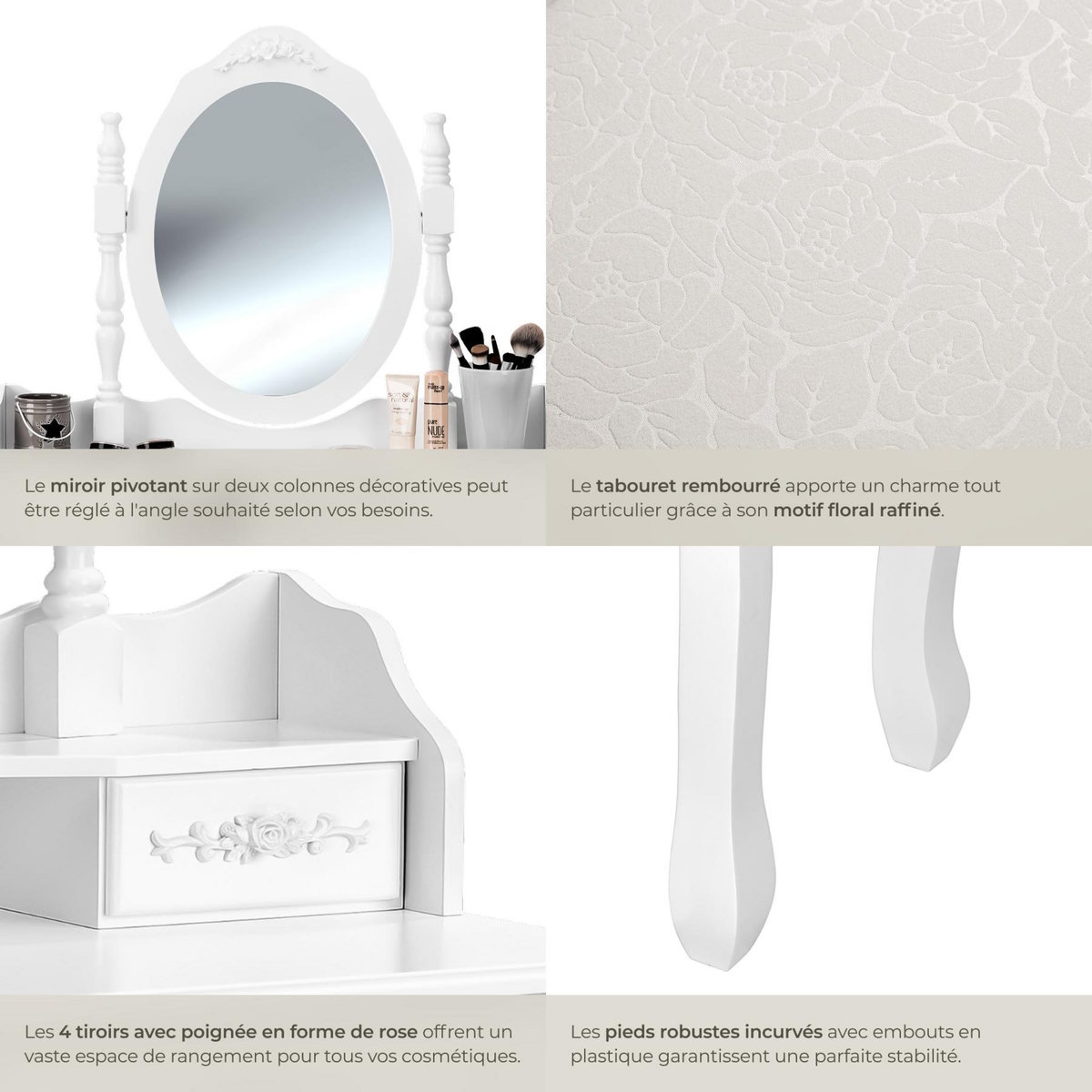 tectake Coiffeuse table de maquillage au look vintage avec tabouret rembourré blanc