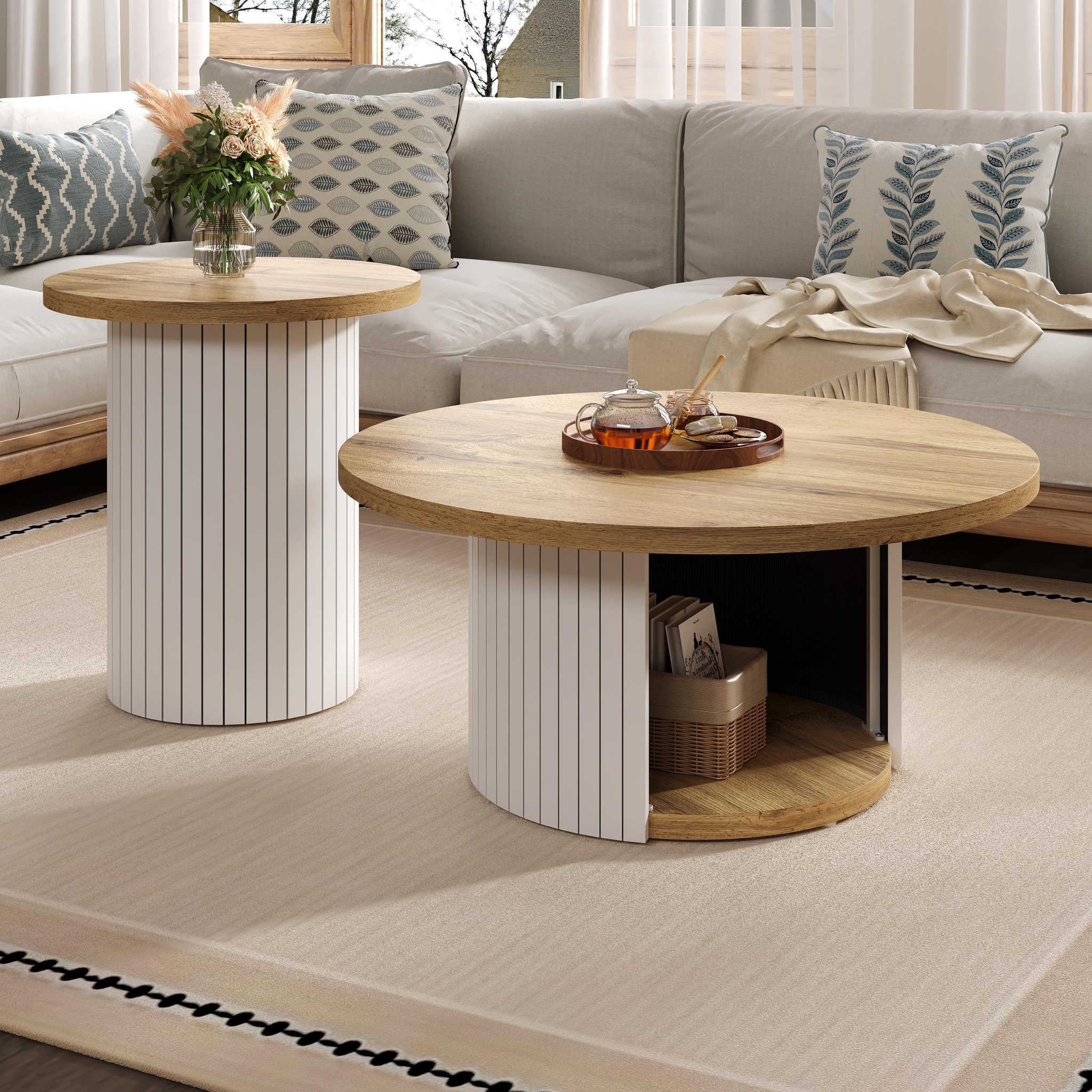 Voir la diapositive 4 : MERAX Table basse gigogne ronde blanc+naturel - 75x75 cm mdf