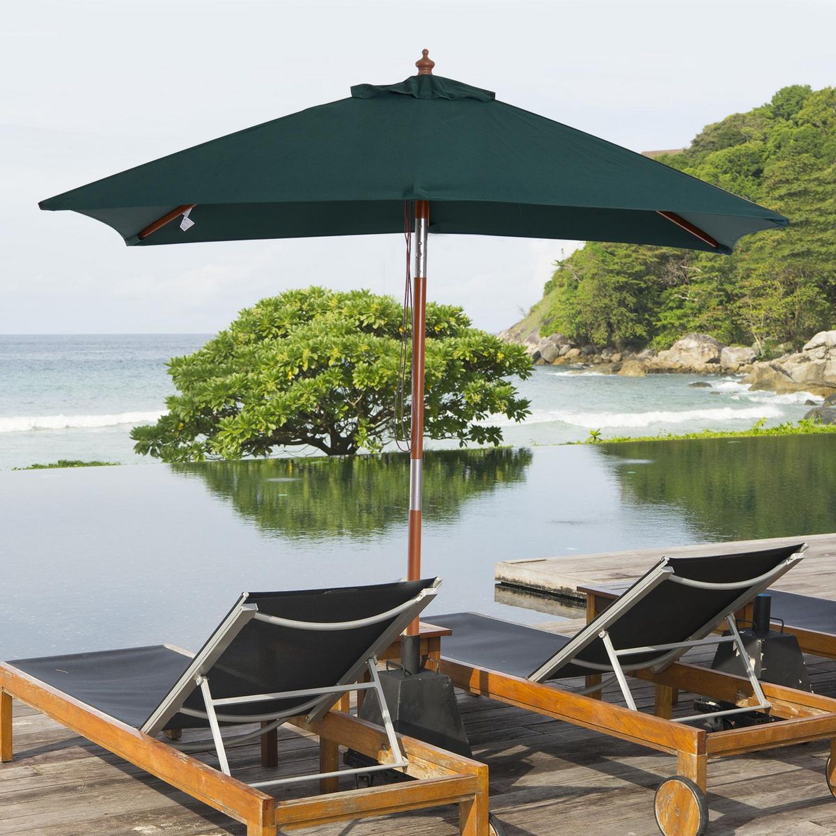 OUTSUNNY Parasol rectangulaire inclinable bois polyester haute densité 2L x 1,5l x 2,3H m vert foncé