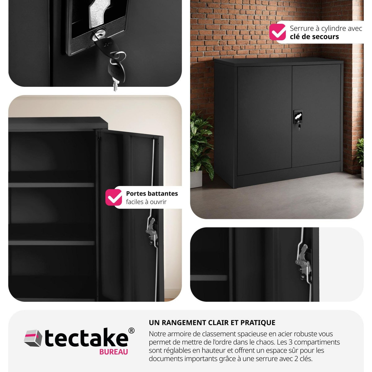 tectake Armoire de classement en métal en acier lâqué époxy noir