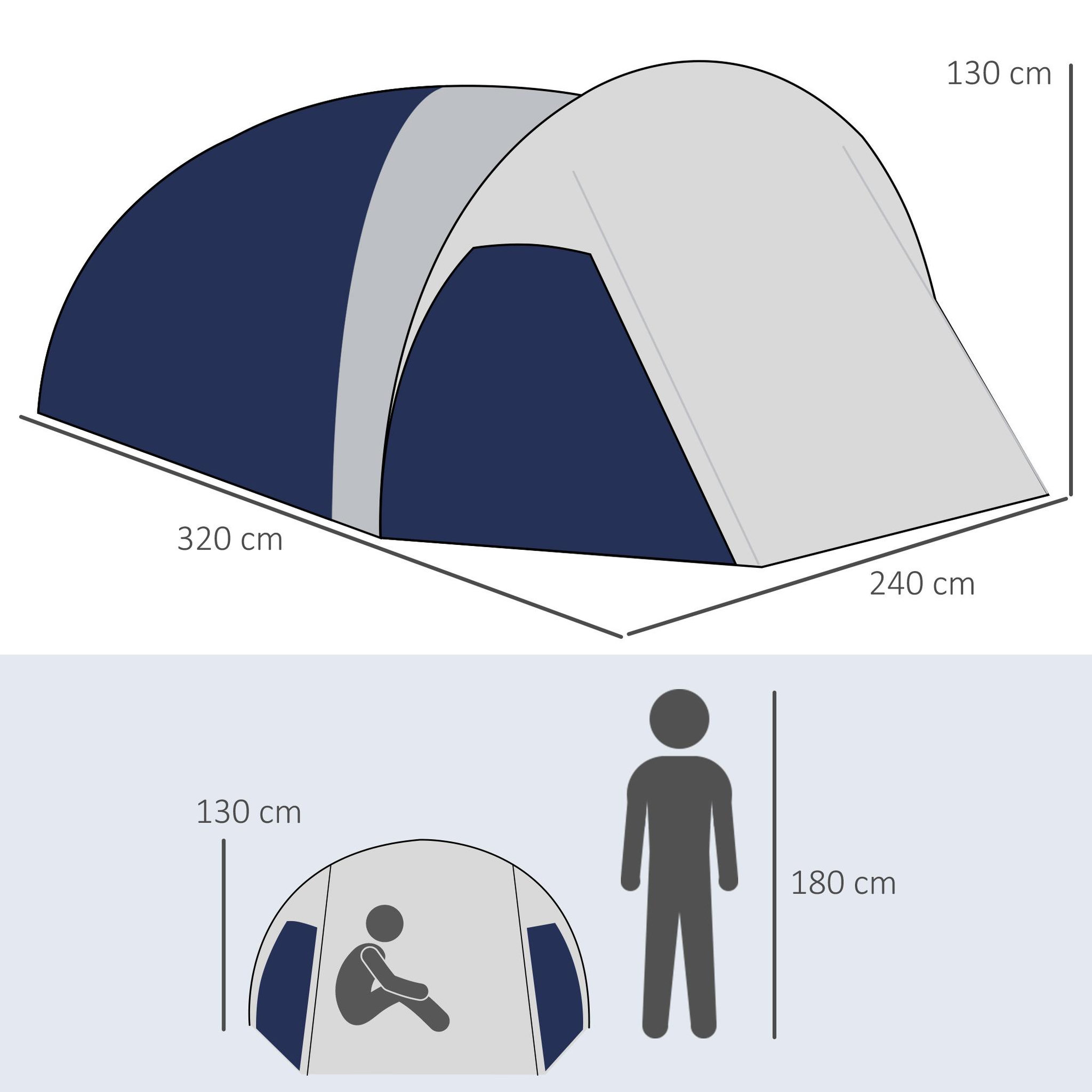 Voir la diapositive 3 : OUTSUNNY Tente de camping 3-4 pers.  - 2 portes - dim. 3,2l x 2,4l x 1,3h m - sac transport inclus - bleu gris