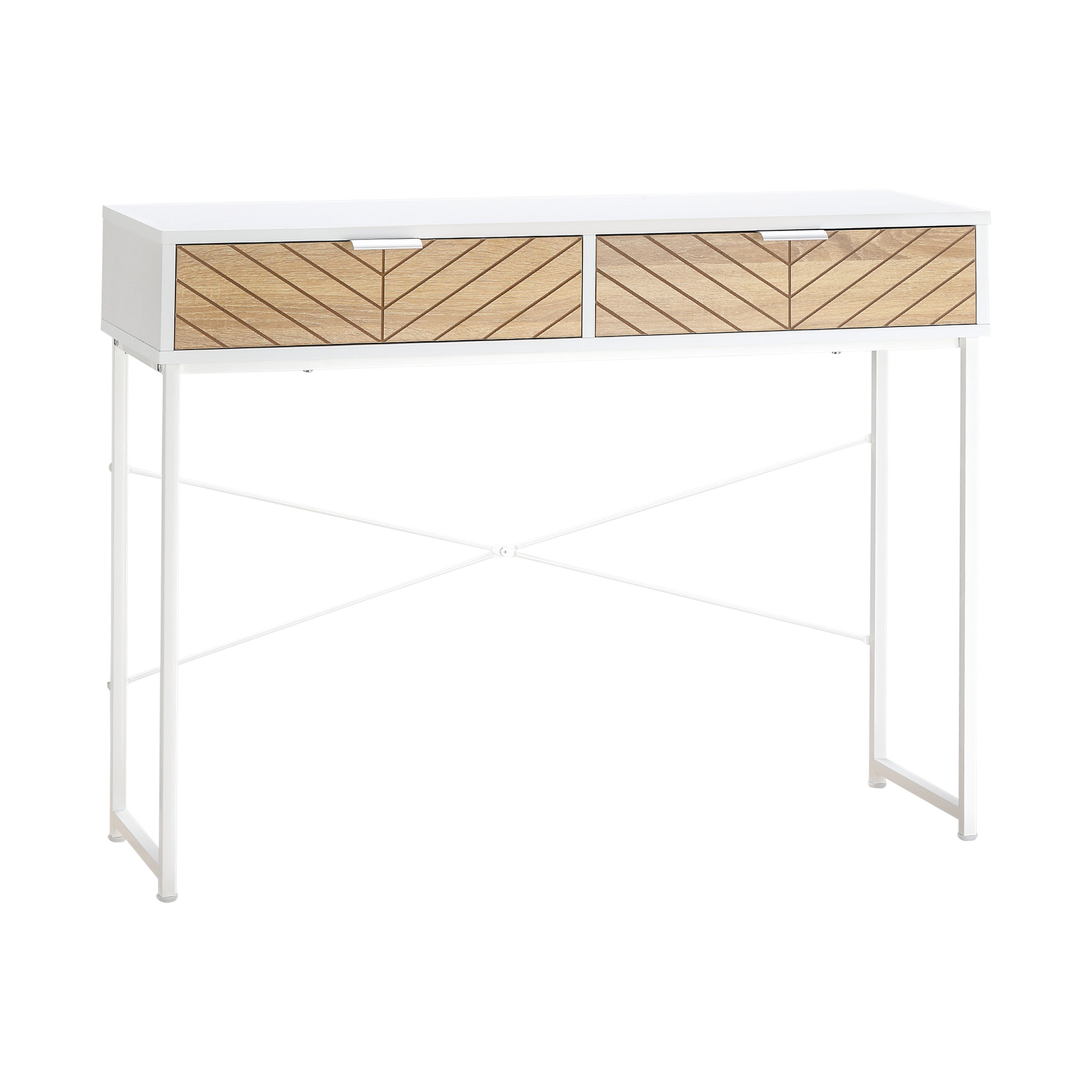 Voir la diapositive 1 : HOMCOM Table console industriel 2 tiroirs aspect bois de chêne sculpté motif à chevrons piètement métal blanc
