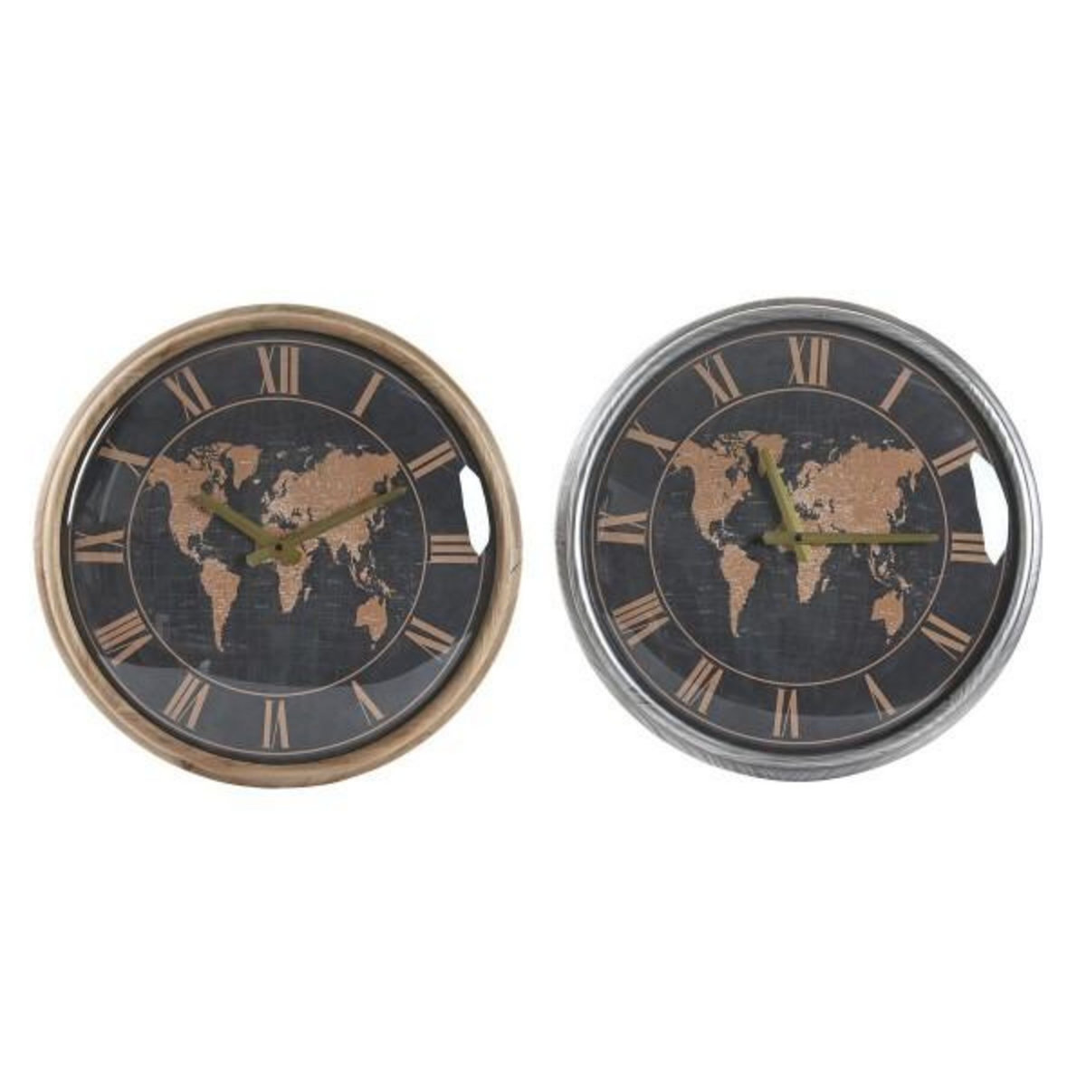 AAAAA Horloge Murale DKD Home Decor 46 x 6,5 x 46 cm Verre Argenté Noir Doré Marron Fer Mappemonde (2 Unités)