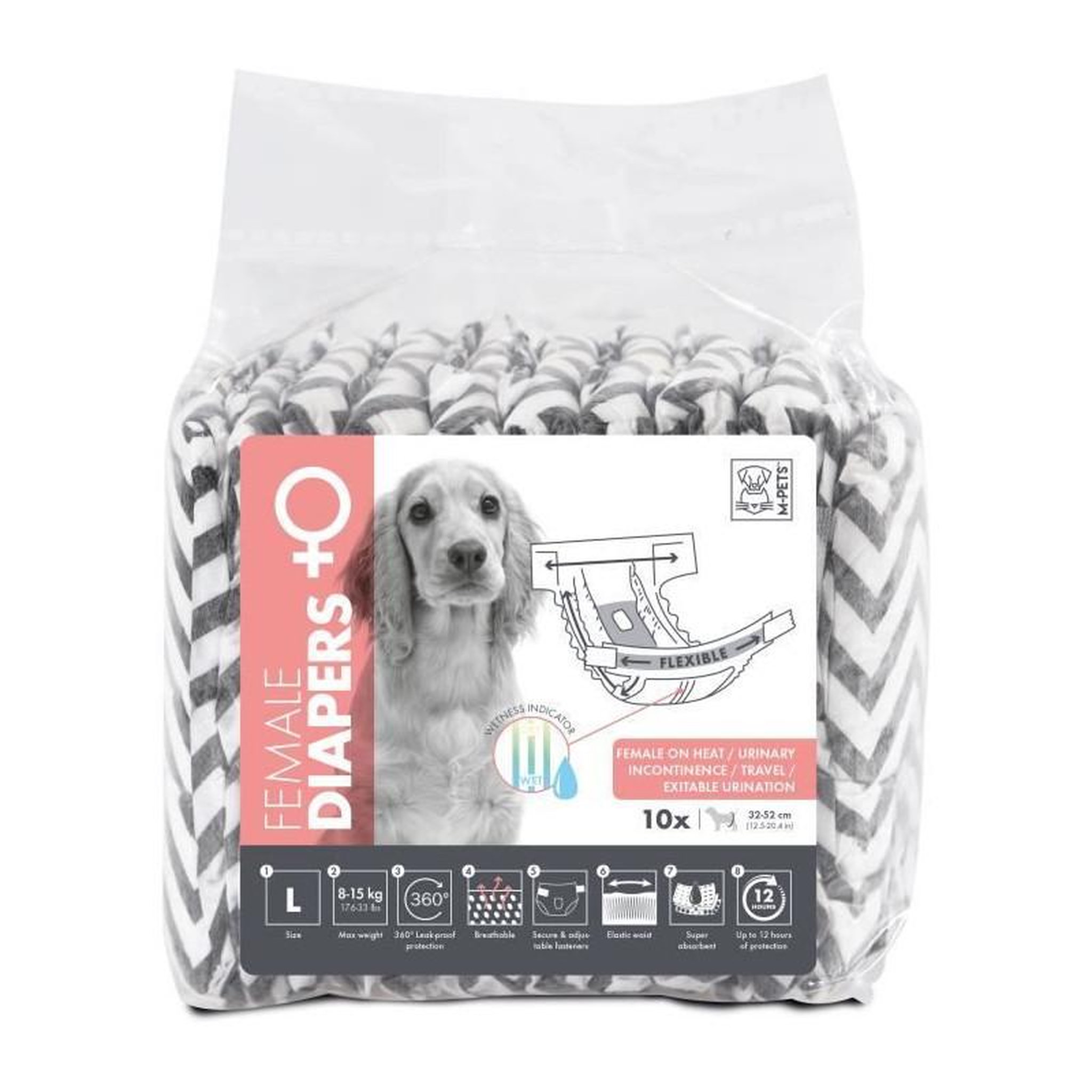 M PETS Couches pour chien - M PETS - DIAPERS Femelle L x10 - Tour de taille 32-52 cm - 8-15 kg - Indicateur d'humidité - 12h protectio
