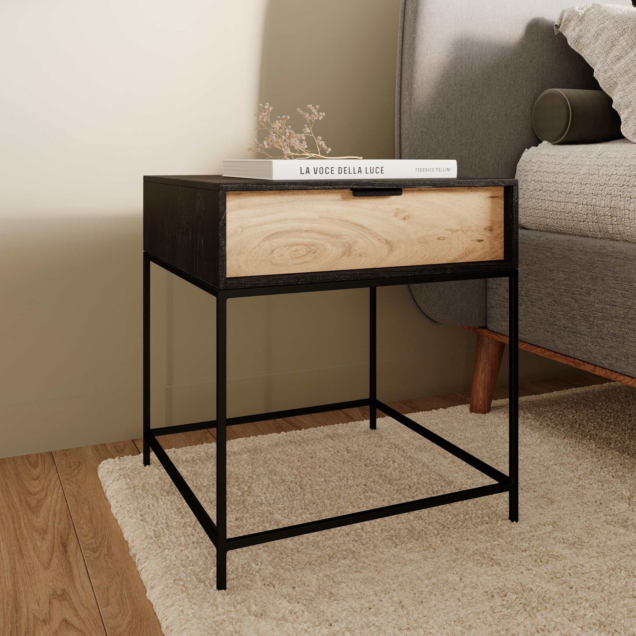 Voir la diapositive 2 : MAISON PAVANE Table de chevet 1 tiroir en bois d'acacia et métal noir-jakson