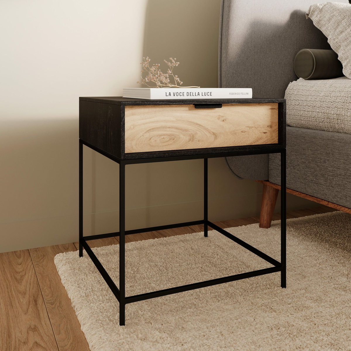 Rendez vous déco Table de chevet 1 tiroir en bois d'acacia et métal noir-Jakson