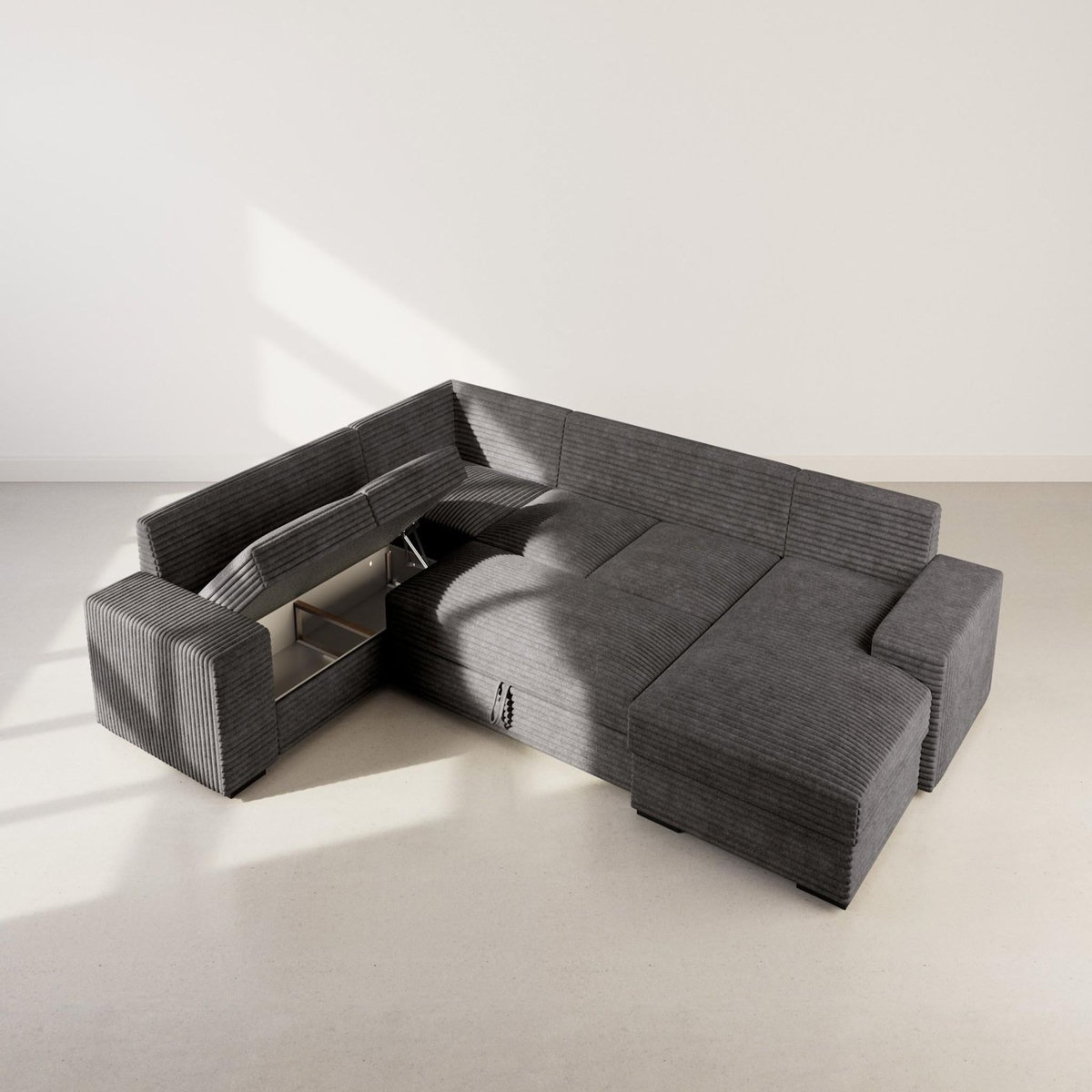 BEST MOBILIER Lorie - canapé panoramique d'angle gauche 7 places convertible en velours côtelé grosse côte avec coffre