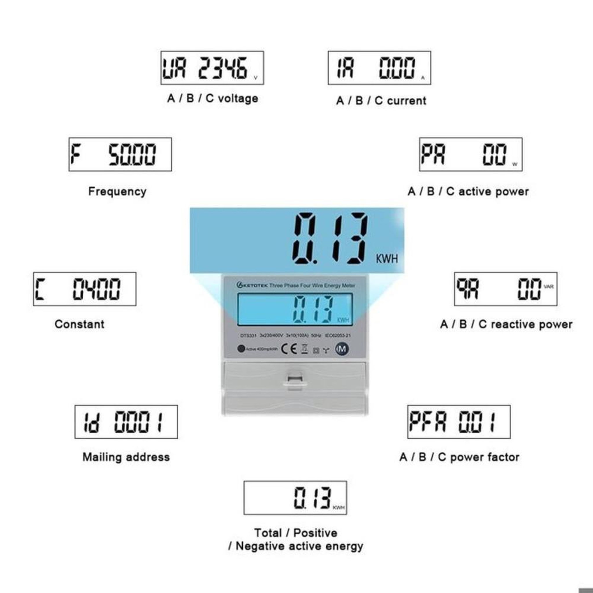 Voir la diapositive 2 : Compteur d'énergie triphasé CD bidirectionnel actif et réactif pour rail DIN Top Hat 3x100A, affichage multifonction et bouton M