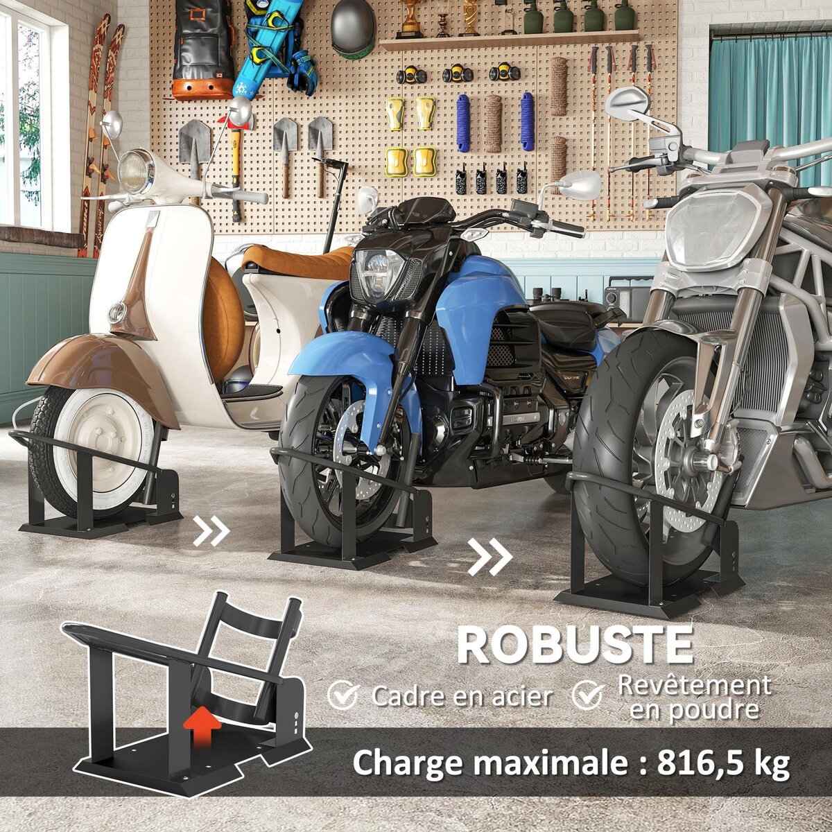 HOMCOM Bloque roue à fixer - bloque roue moto réglable - pneus de 3 à 8 pouces - acier noir