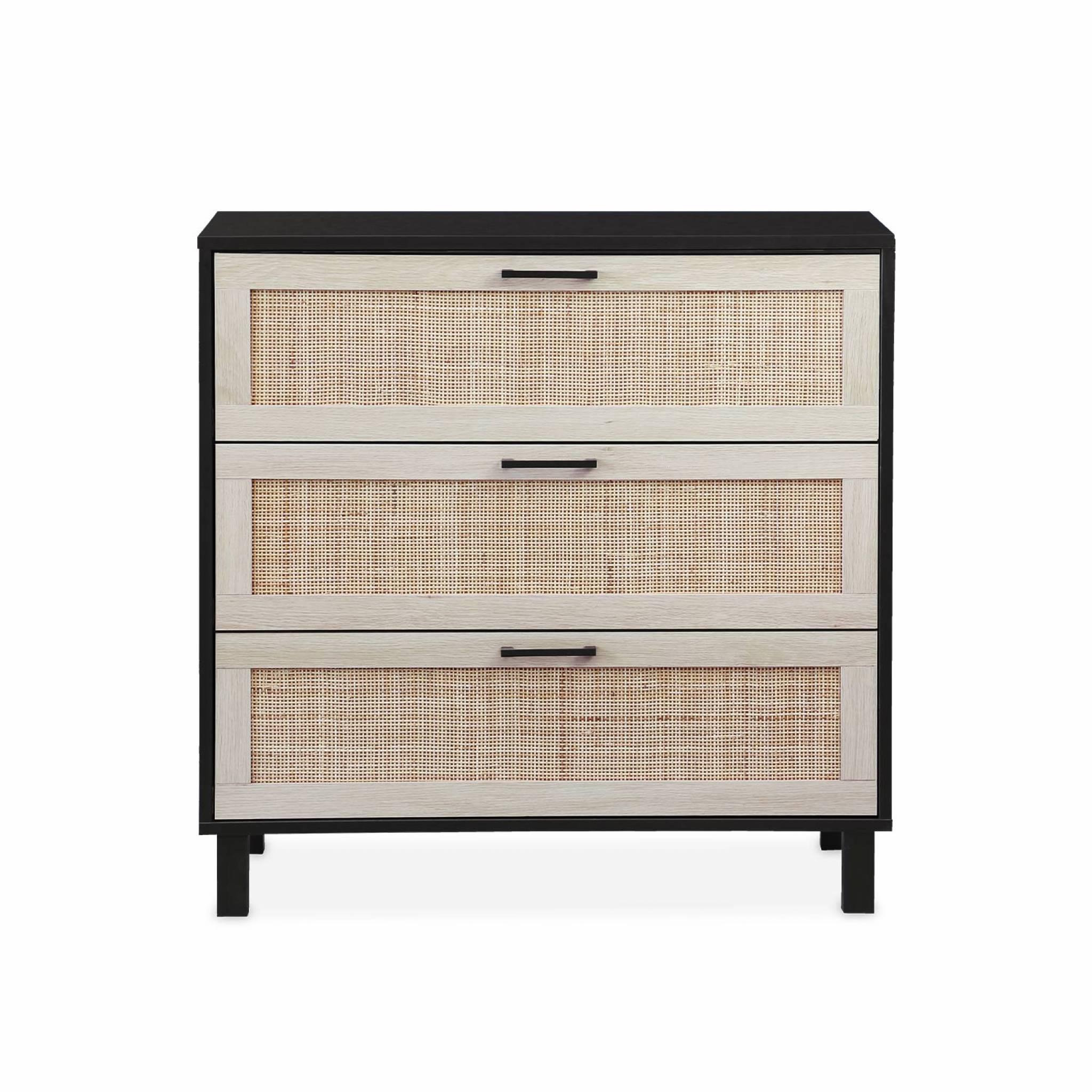 Voir la diapositive 4 : SWEEEK Commode noire et cannage 80 x 40 x 80cm - Bianca - 3 tiroirs