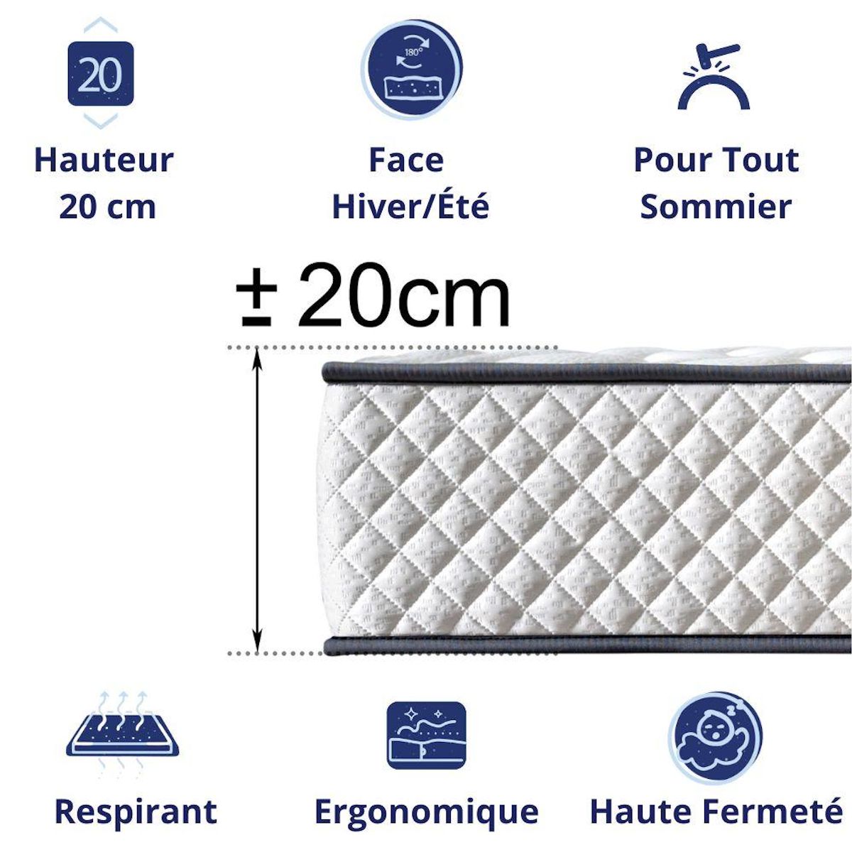 DAGOSTINO HOME Matelas 80x190 cm, DAGOSTINO | Très épais 20 cm Soutien Parfait et Tonique| Mousse HR Luxe Confort Haute Résilience | Extra Ferme + Réversible  à Deux Faces (été-hiver) + Indépendance du Couchage + Respirant et Durable