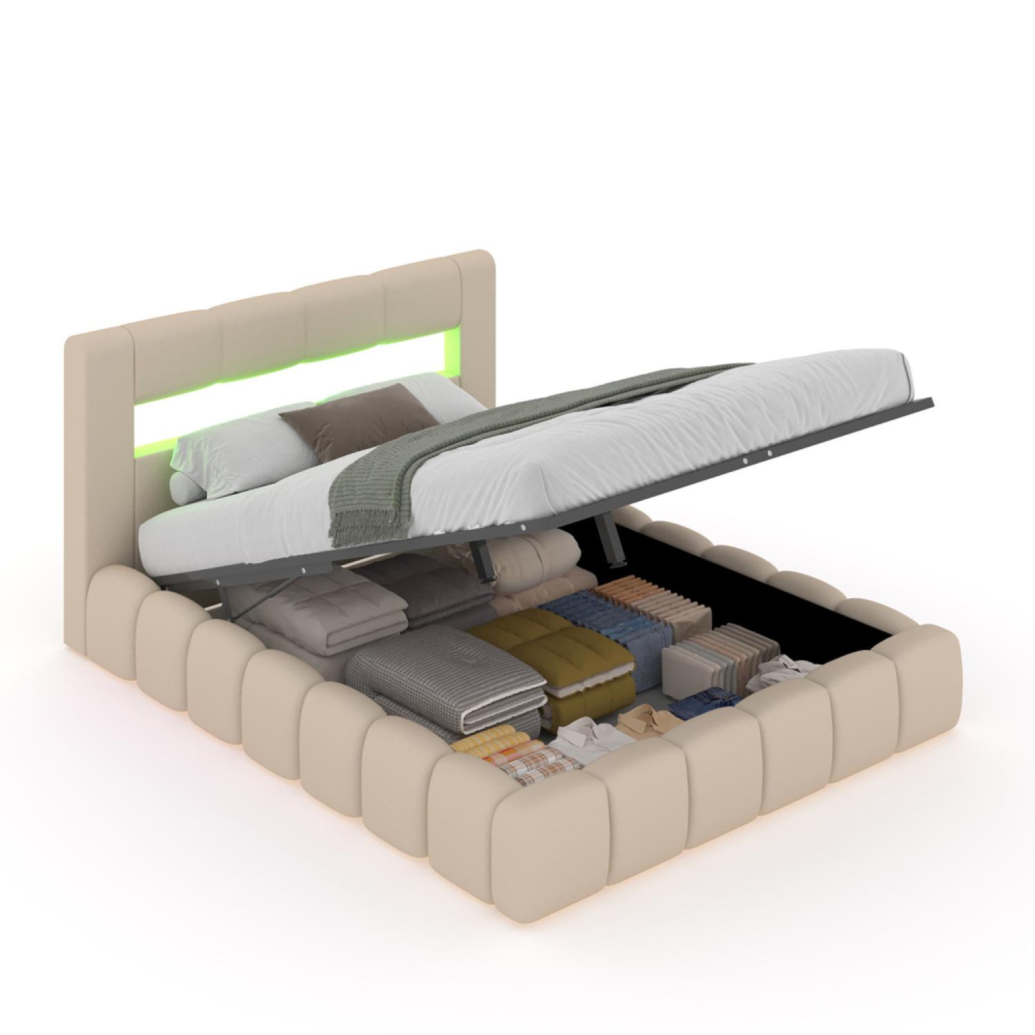 CONCEPT USINE Lit coffre led style nuage 180x200cm en velours beige avec tête de lit et sommier omaha