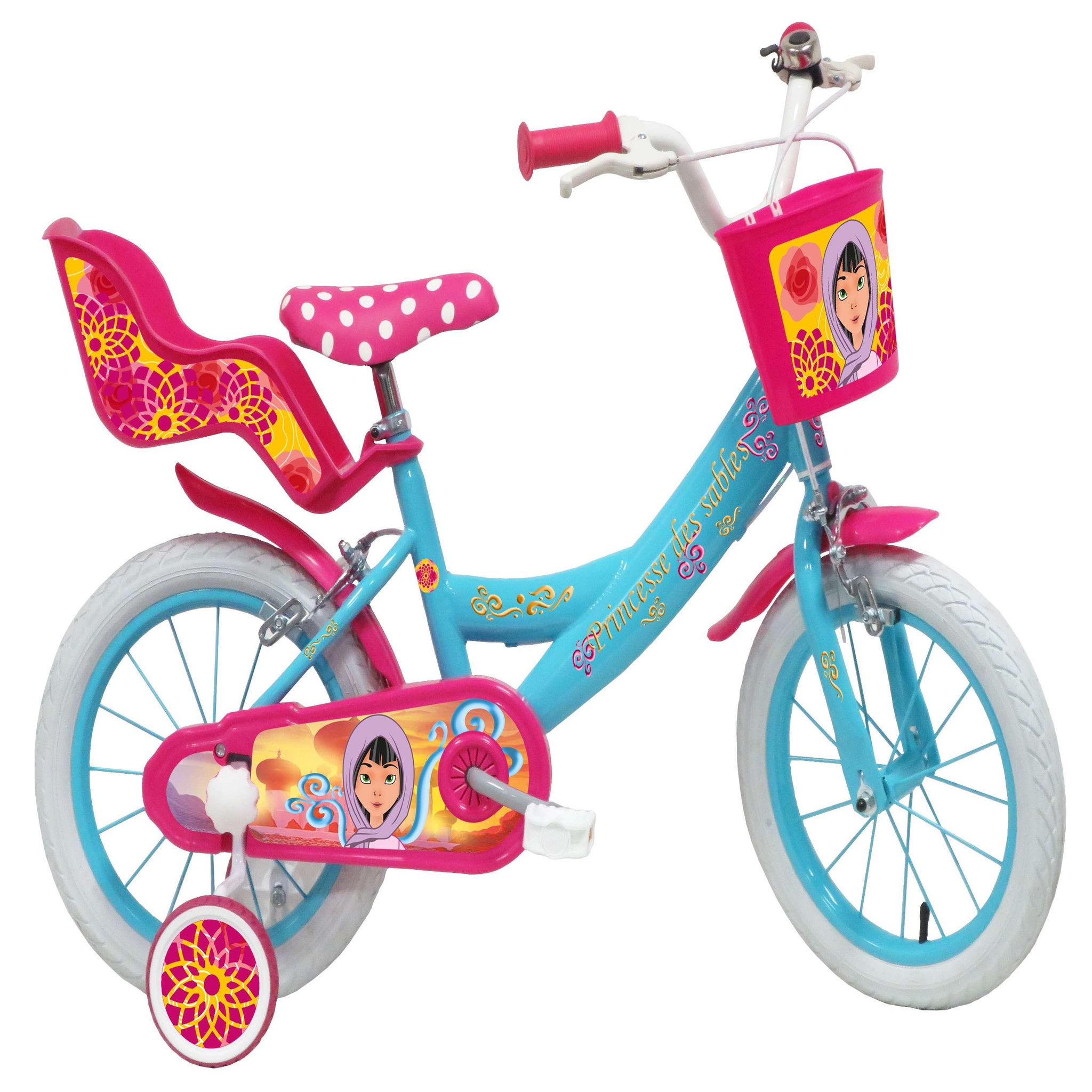 Voir la diapositive 1 : Vélo enfant - Modèle 14'' Princesse des sables pour enfant de 95/110 cm avec stabilisateurs - Panier avant - Porte poupée arrière - 2 freins