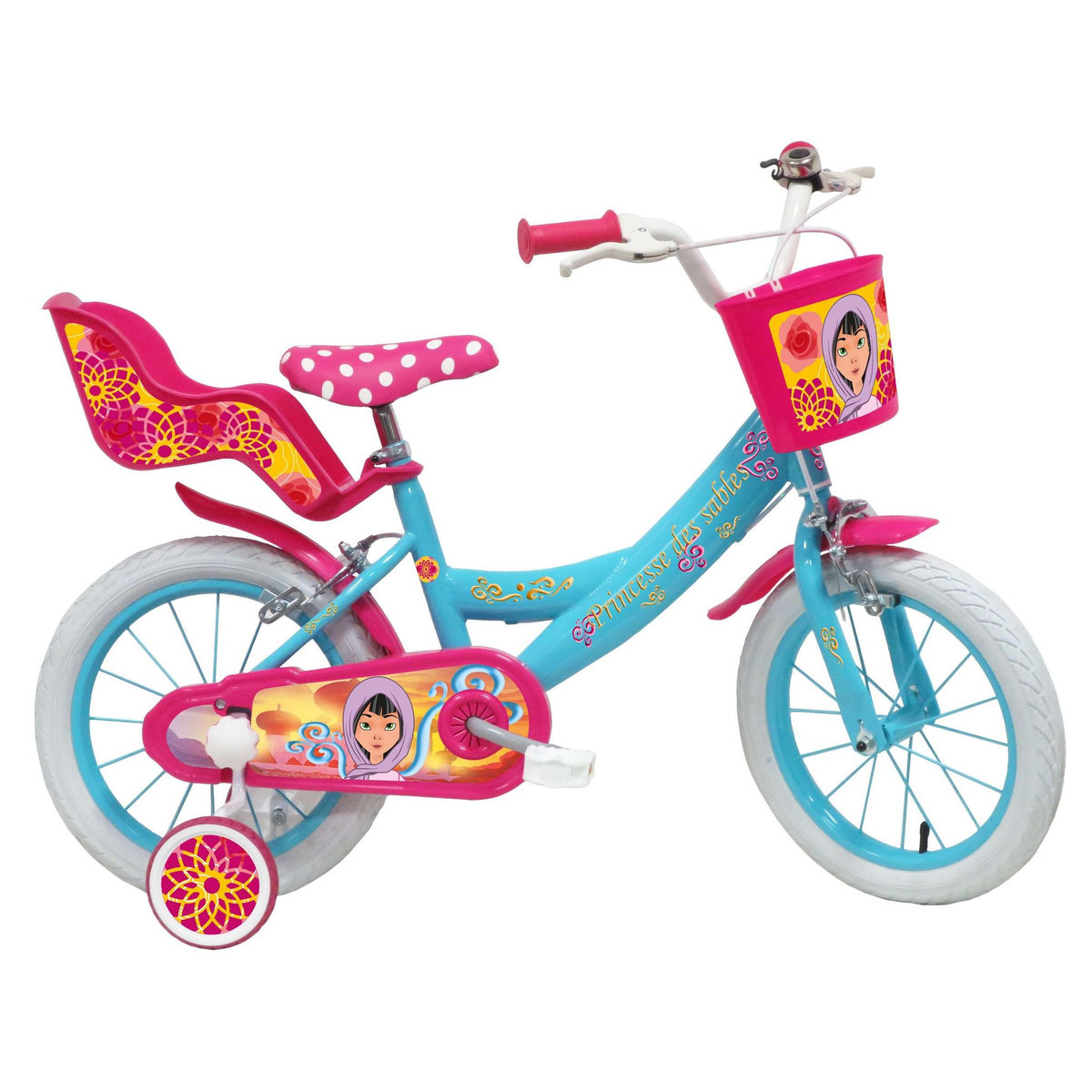Vélo enfant - Modèle 14'' Princesse des sables pour enfant de 95/110 cm avec stabilisateurs - Panier avant - Porte poupée arrière - 2 freins
