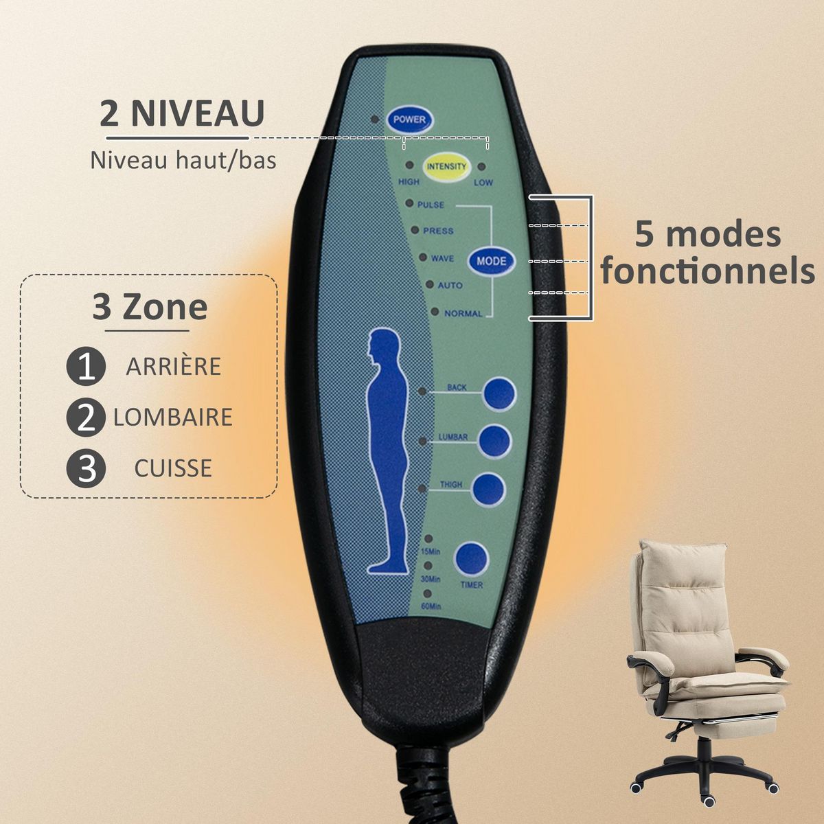 HOMCOM Fauteuil de bureau direction massant hauteur réglable dossier inclinable repose-pied intégré toile de lin beige