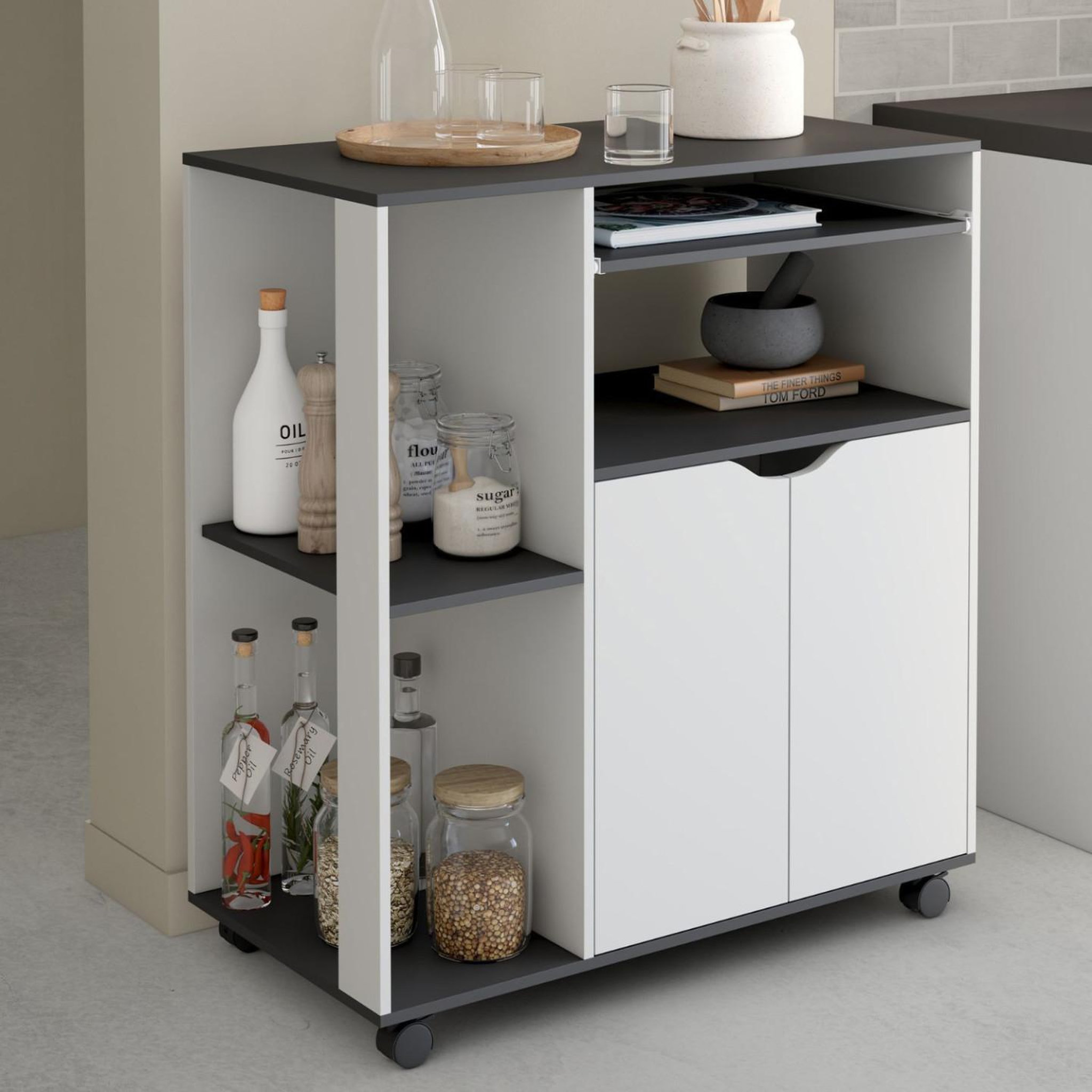 Voir la diapositive 2 : ID MARKET Desserte de cuisine cosi bois blanc et plateau gris l.76 cm