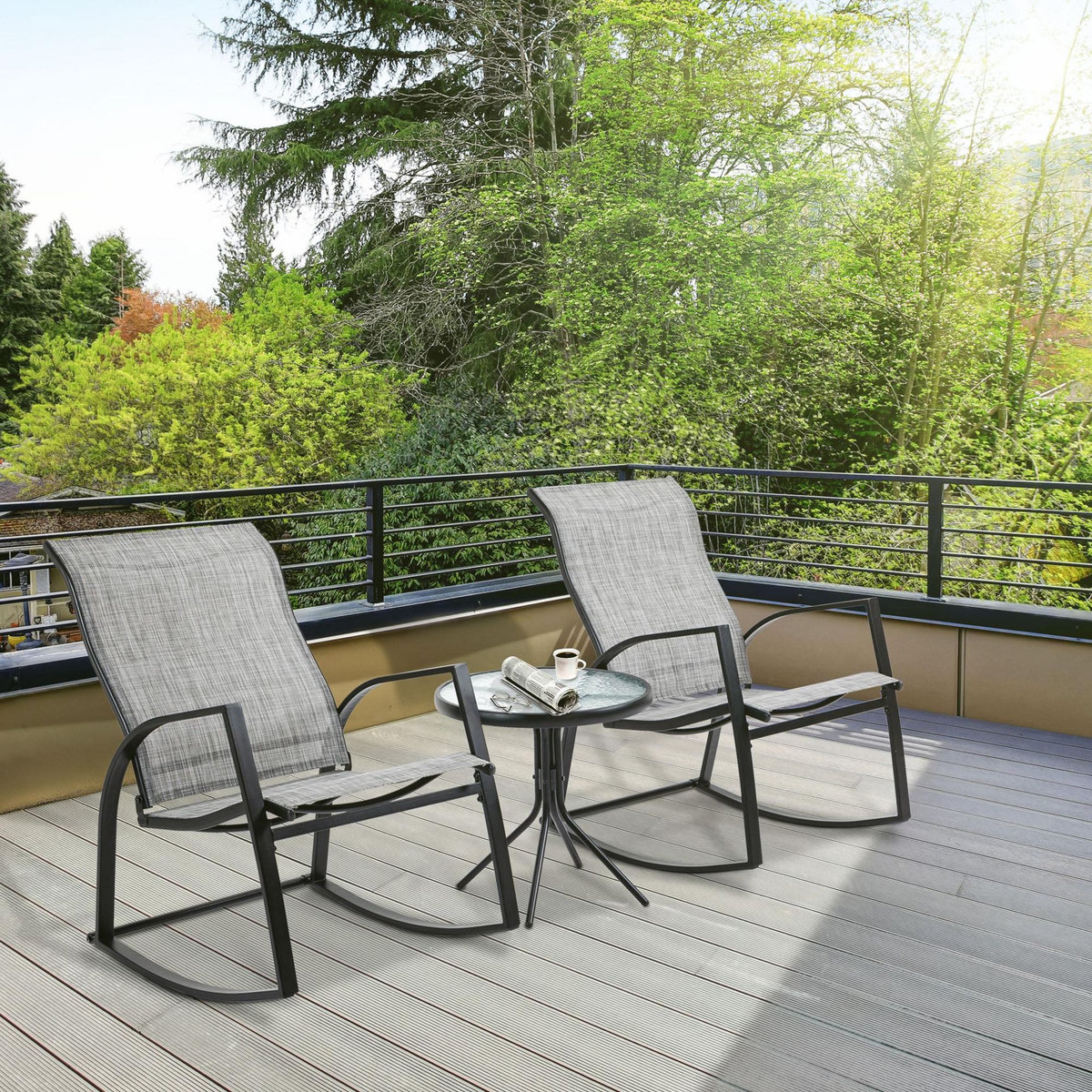 OUTSUNNY Ensemble de jardin 3 pièces 2 fauteuils à bascule table basse plateau verre trempé acier époxy textilène gris