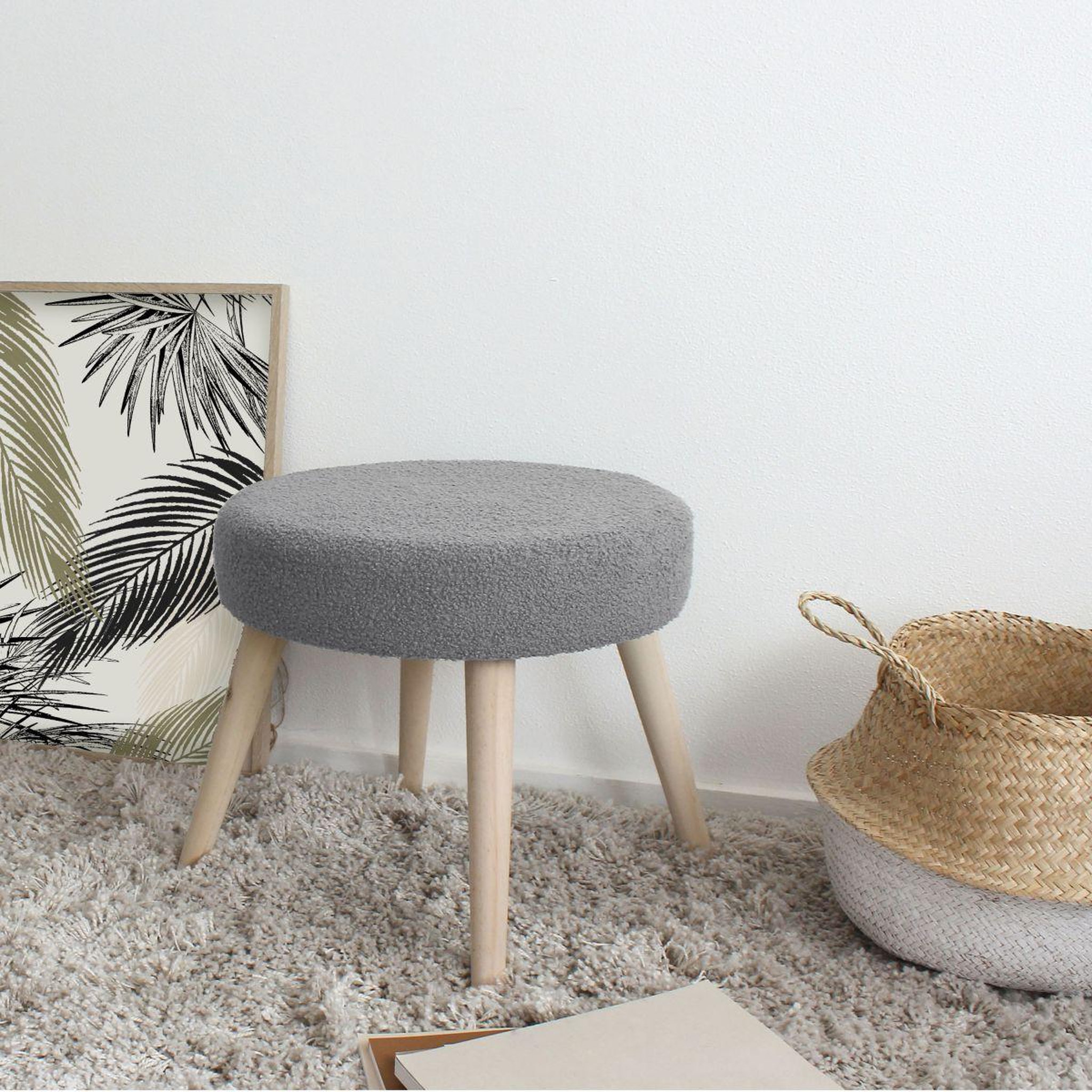 Voir la diapositive 2 : ENJOY HOME Tabouret rond en tissu bouclé  lodge  45cm gris
