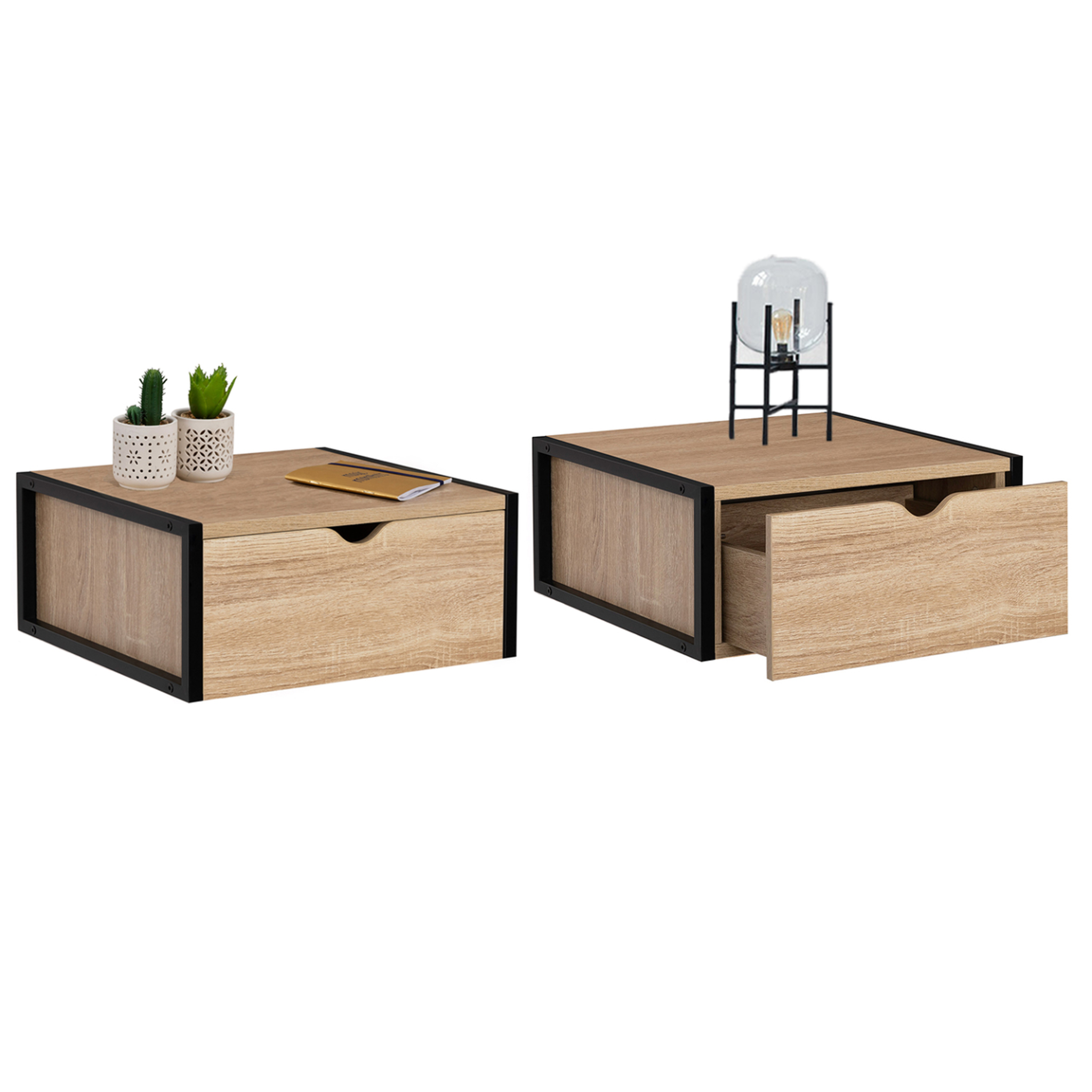 ID MARKET Lot de 2 tables de chevet murales detroit 1 tiroir étagère suspendue bois et métal noir design industriel