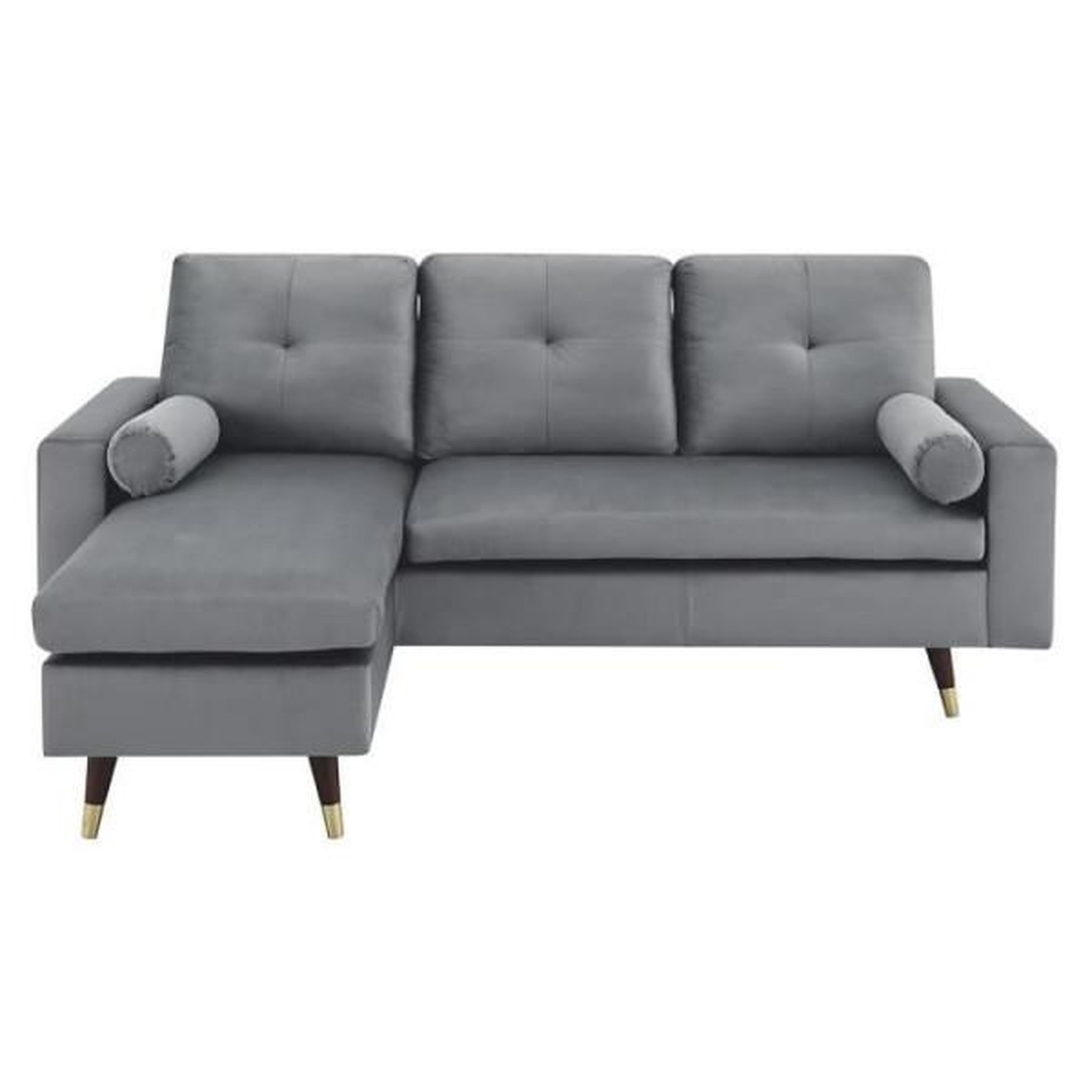 Voir la diapositive 1 : MARKET24 Canapé d'angle fixe réversible - Tissu gris - L 194 x P 139 x H 83 - Pieds bois et doré - NEW YORK