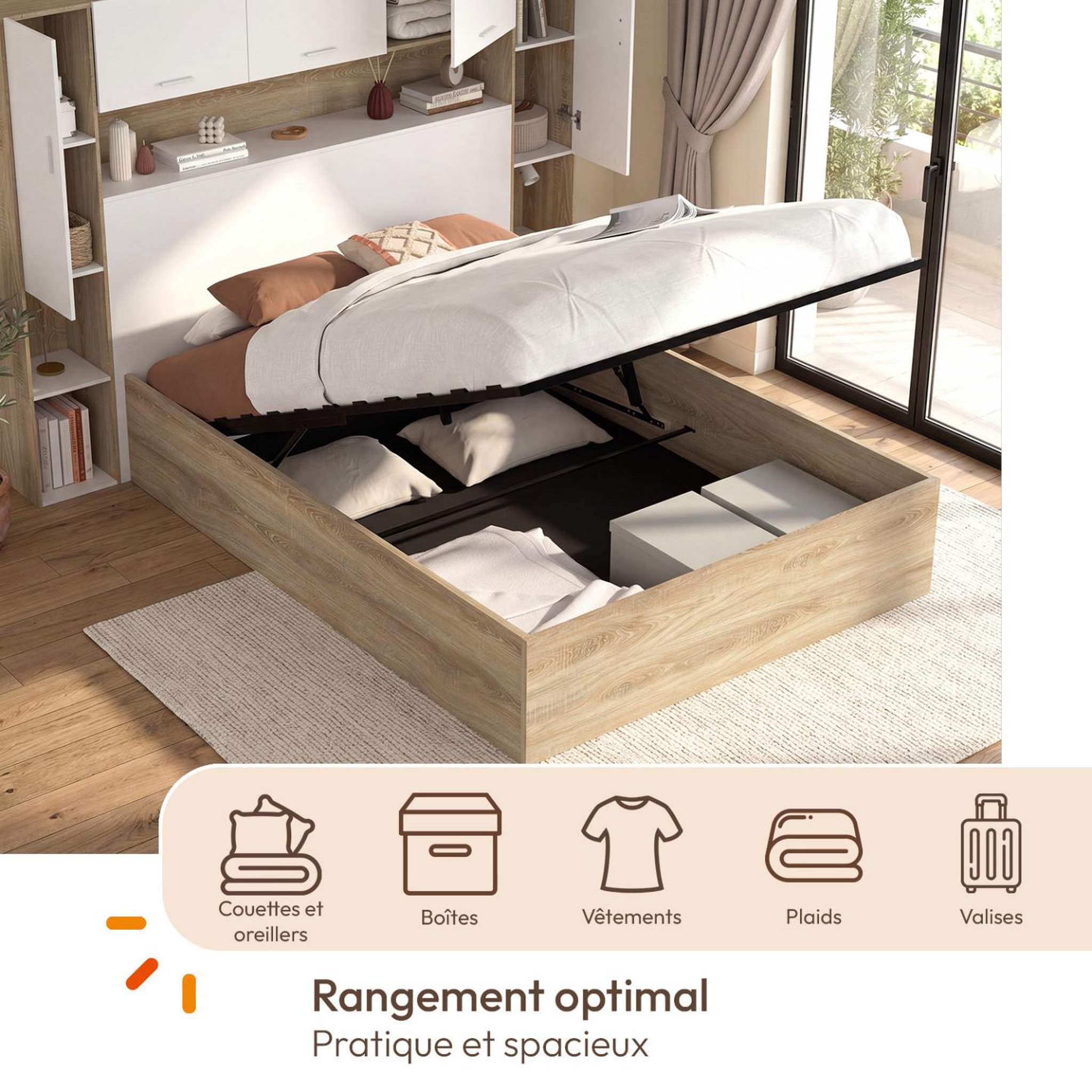 Voir la diapositive 6 : ID MARKET Lit pont coffre double bridget armoire avec rangements et sommier 140 x 190 cm bois et blanc
