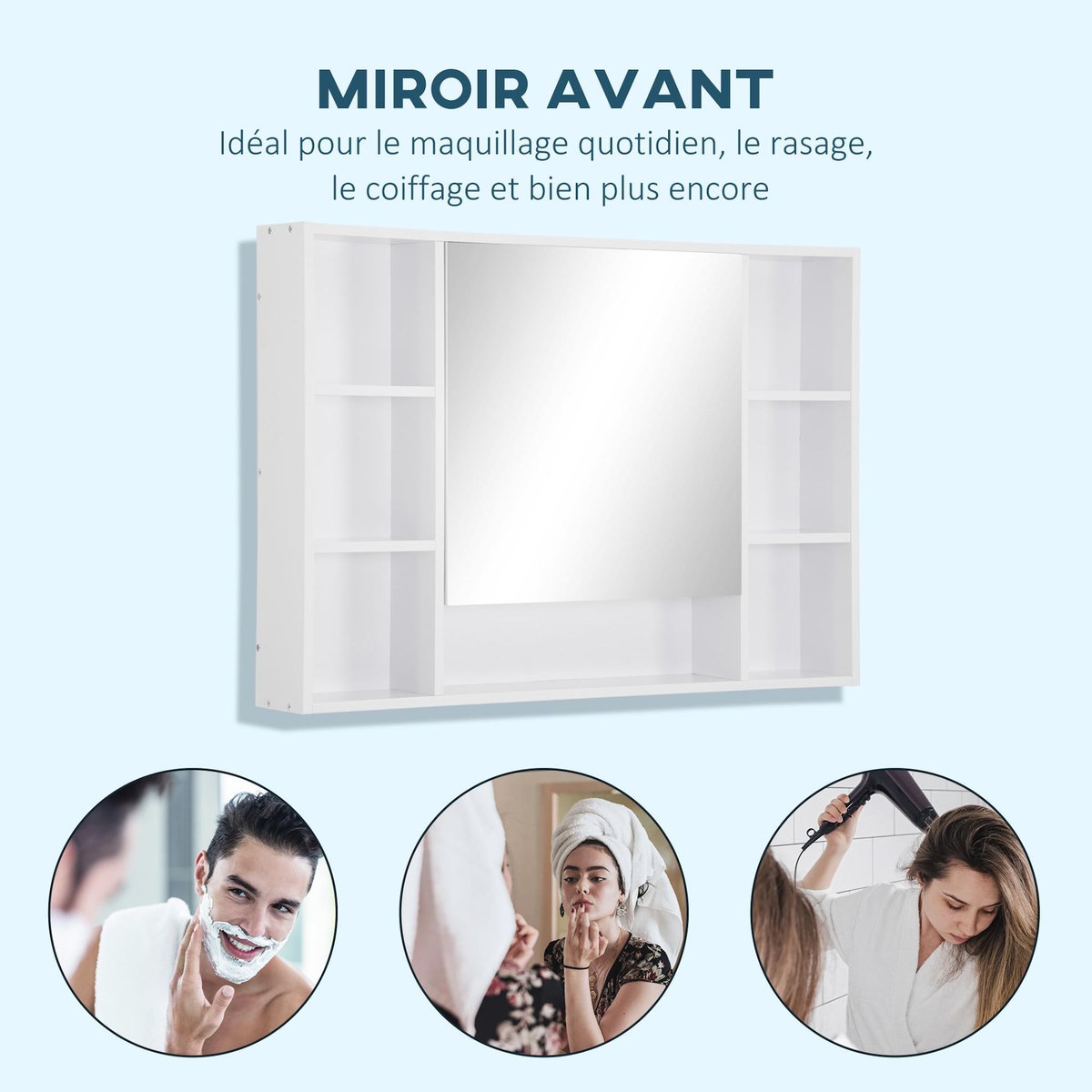 KLEANKIN Armoire murale salle de bain avec miroir - 7 niches, étagère - 100 x 15 x 70 cm - MDF blanc