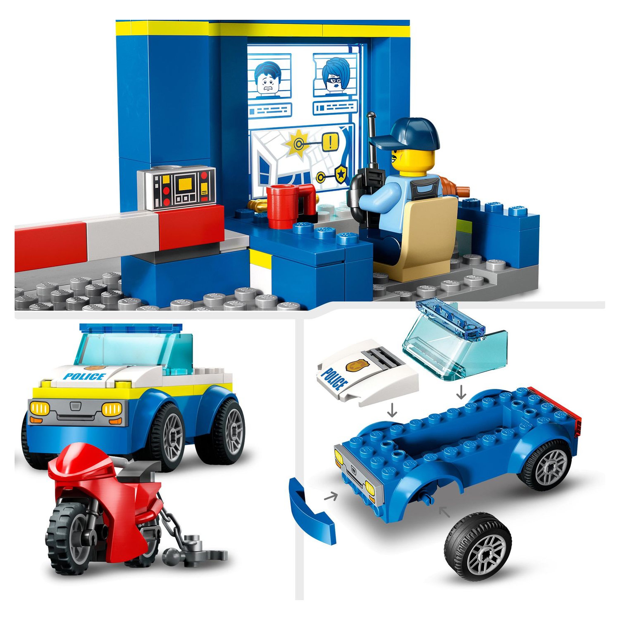 Voir la diapositive 6 : LEGO City 60370 La course poursuite au poste de police, Voiture Jouet et Moto, Prison, 4 Minifigurines et Figurine de Chien, Évasion Prison