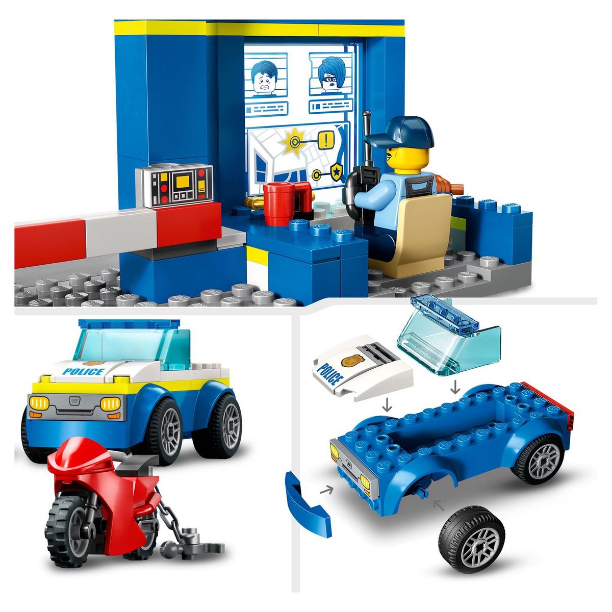 LEGO City 60370 La course poursuite au poste de police, Voiture Jouet et Moto, Prison, 4 Minifigurines et Figurine de Chien, Évasion Prison