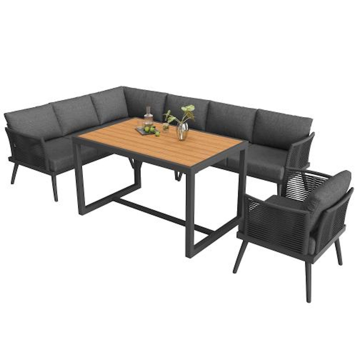 MERAX Salon de jardin repas 7 places en métal avec table, canapé d'angle et fauteuils