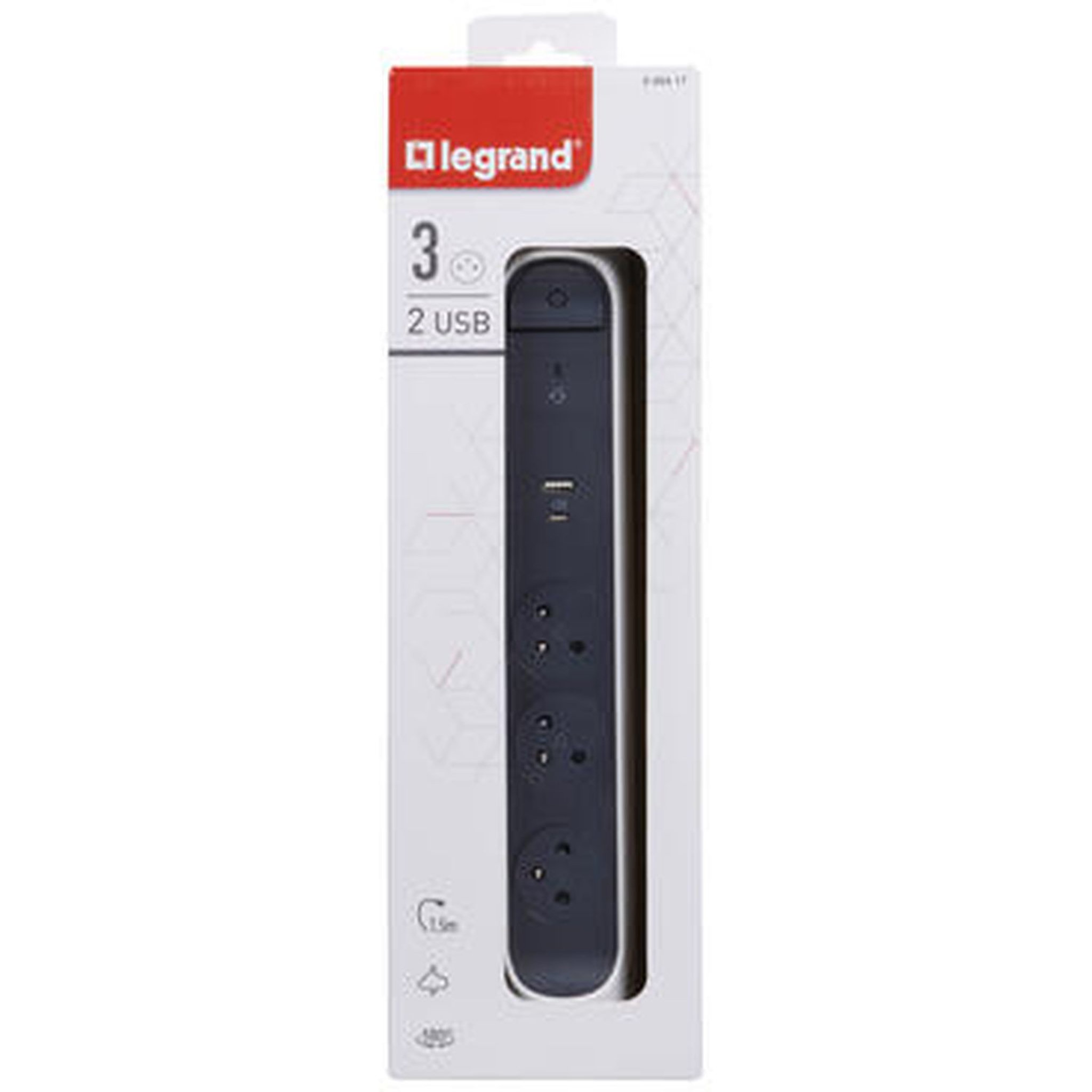 Voir la diapositive 3 : LEGRAND Rallonge 3x2P+T Surface - inter, cordon 1,5mRallonge 3x2P+T Surface - inter, cordon 1,5m, parafoudre et USB A+C- blanc/grisparafoudre et USB A+C- blanc/gris