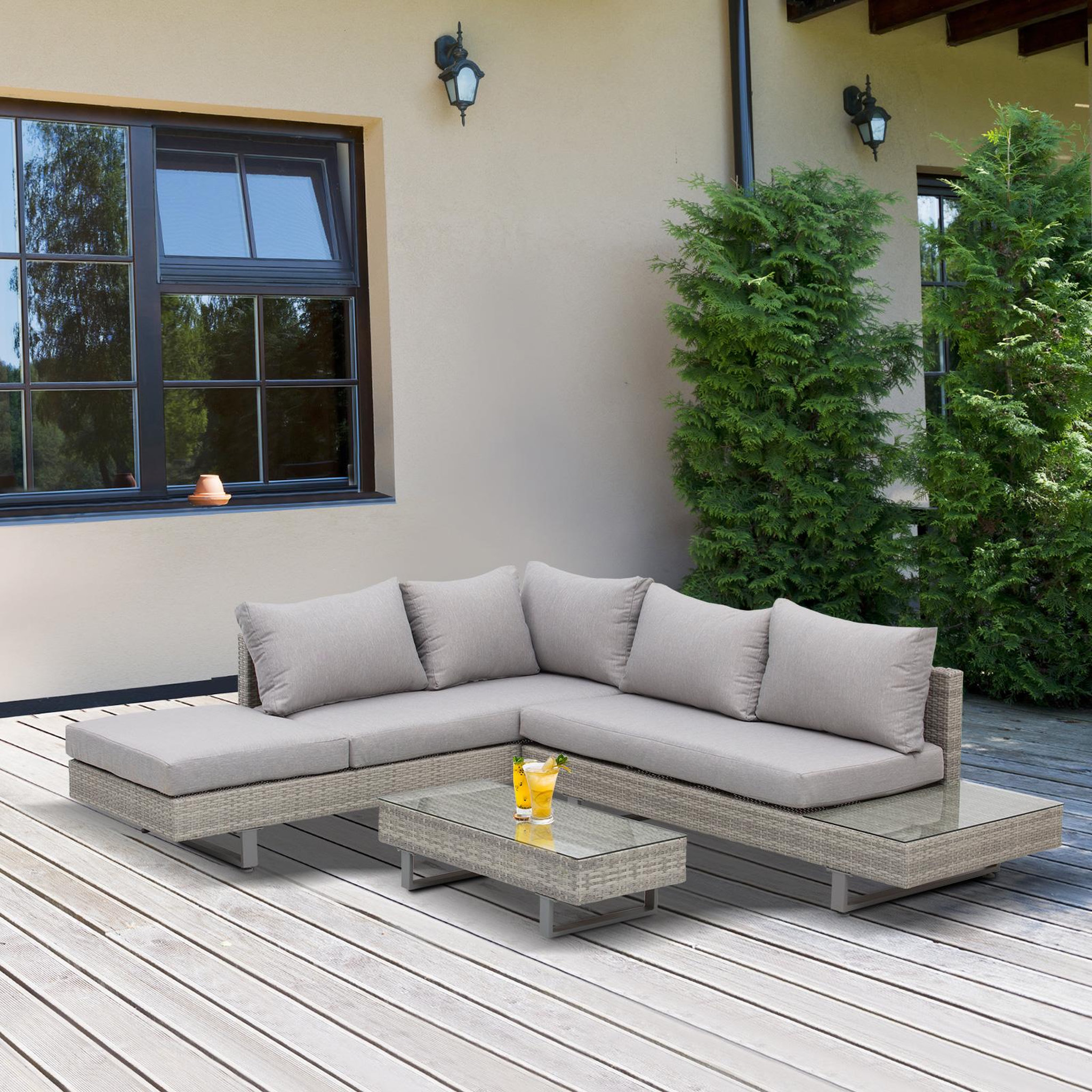 Voir la diapositive 5 : OUTSUNNY Ensemble salon de jardin d'angle 5 places design contemporain coussins déhoussables table basse acier époxy résine tressée grise
