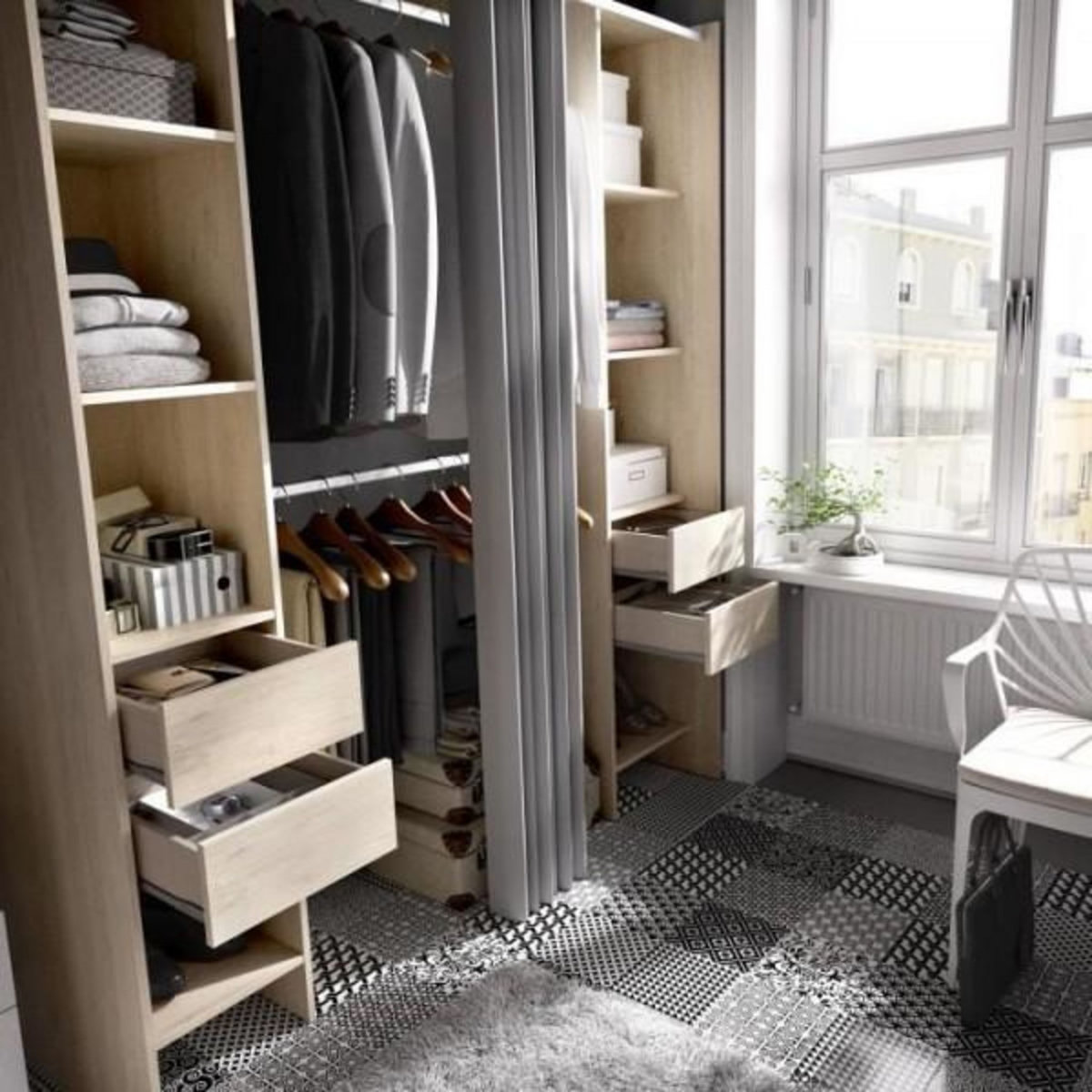 MARKET24 Kit dressing extensible avec rideau et 4 tiroirs - Décor chene naturel - L 180-113 x P 50 x H 205 cm - SUIT