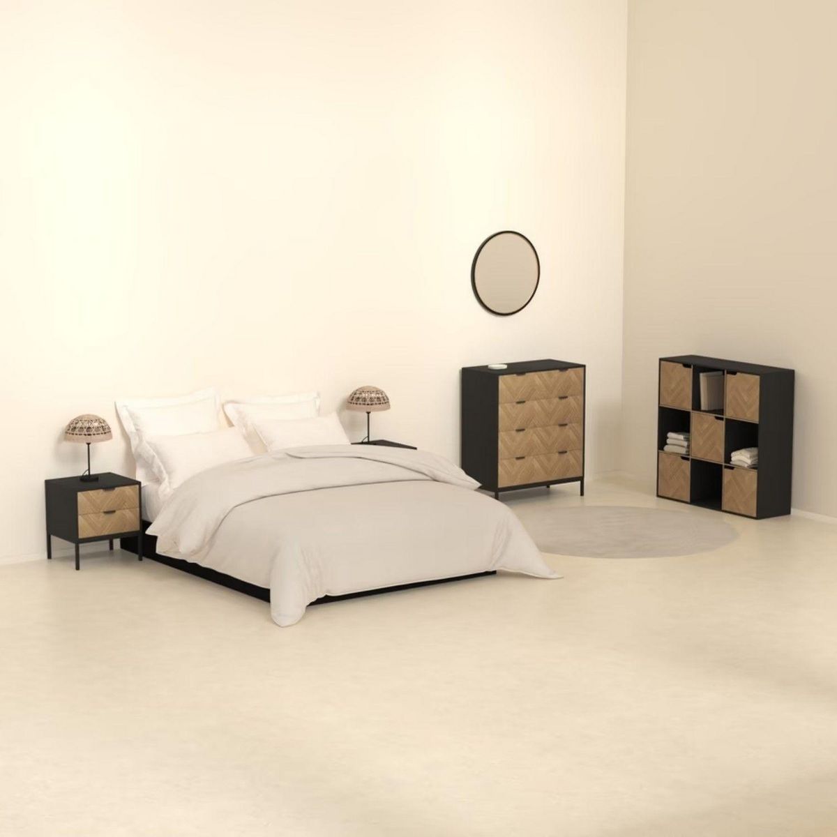 FIVE Commode 4 tiroirs en bois et métal CHEVRONS - Beige et noir