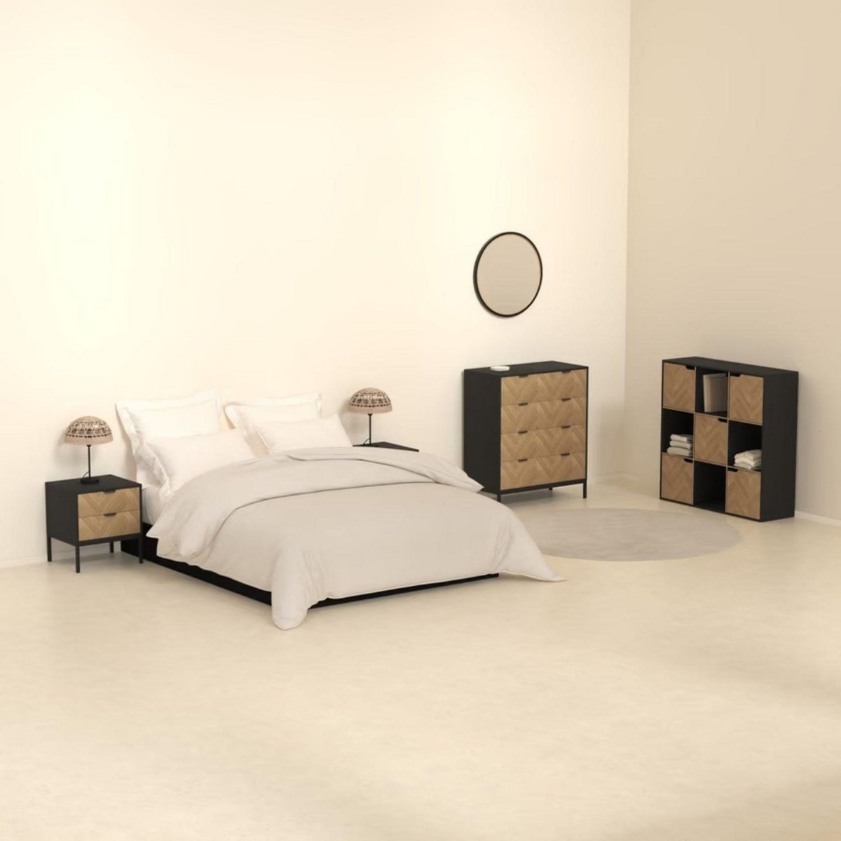 FIVE Commode 4 tiroirs en bois et métal CHEVRONS - Beige et noir