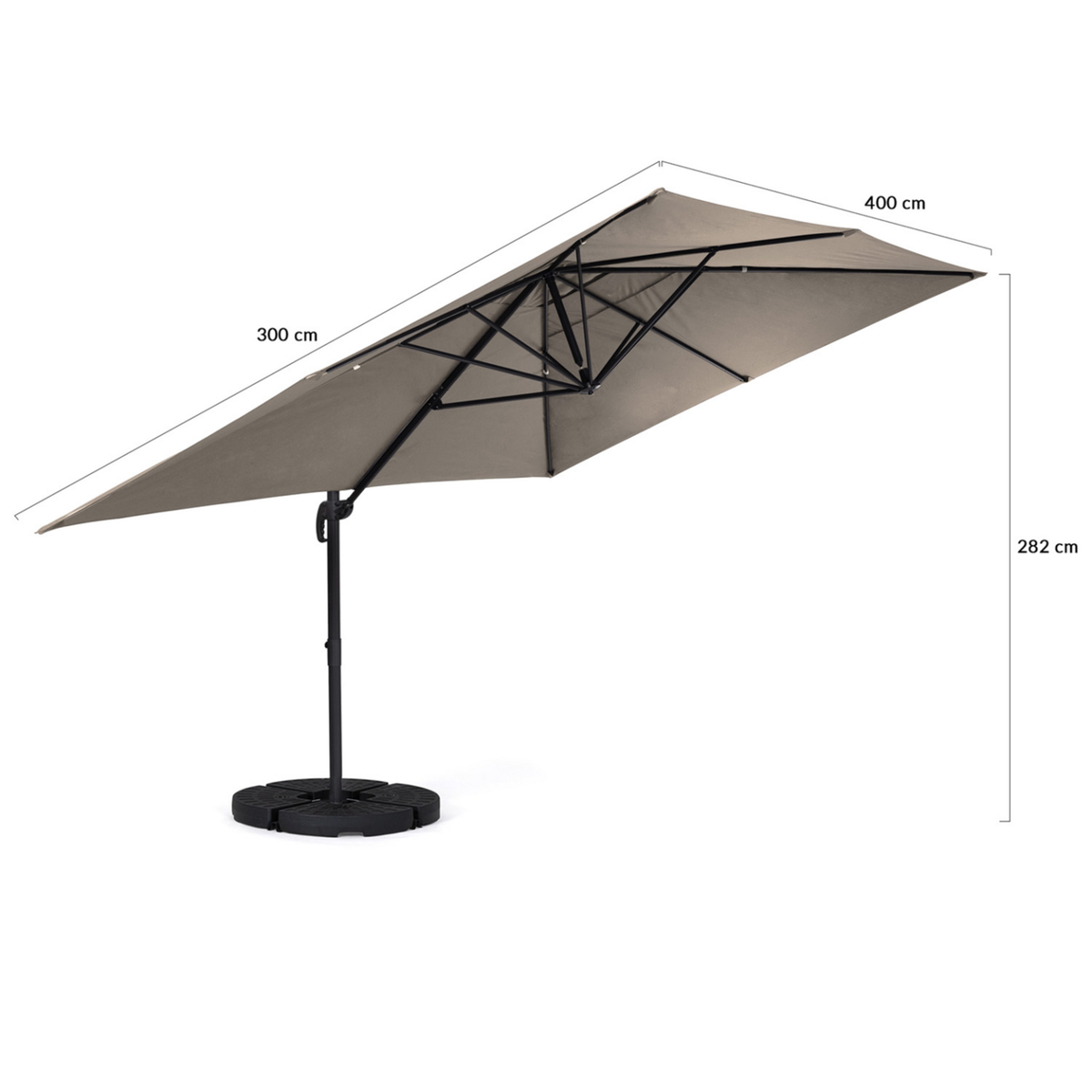 ID MARKET Parasol déporté inclinable rotatif 360 CALVI taupe 3x4 M avec 4 dalles et housse