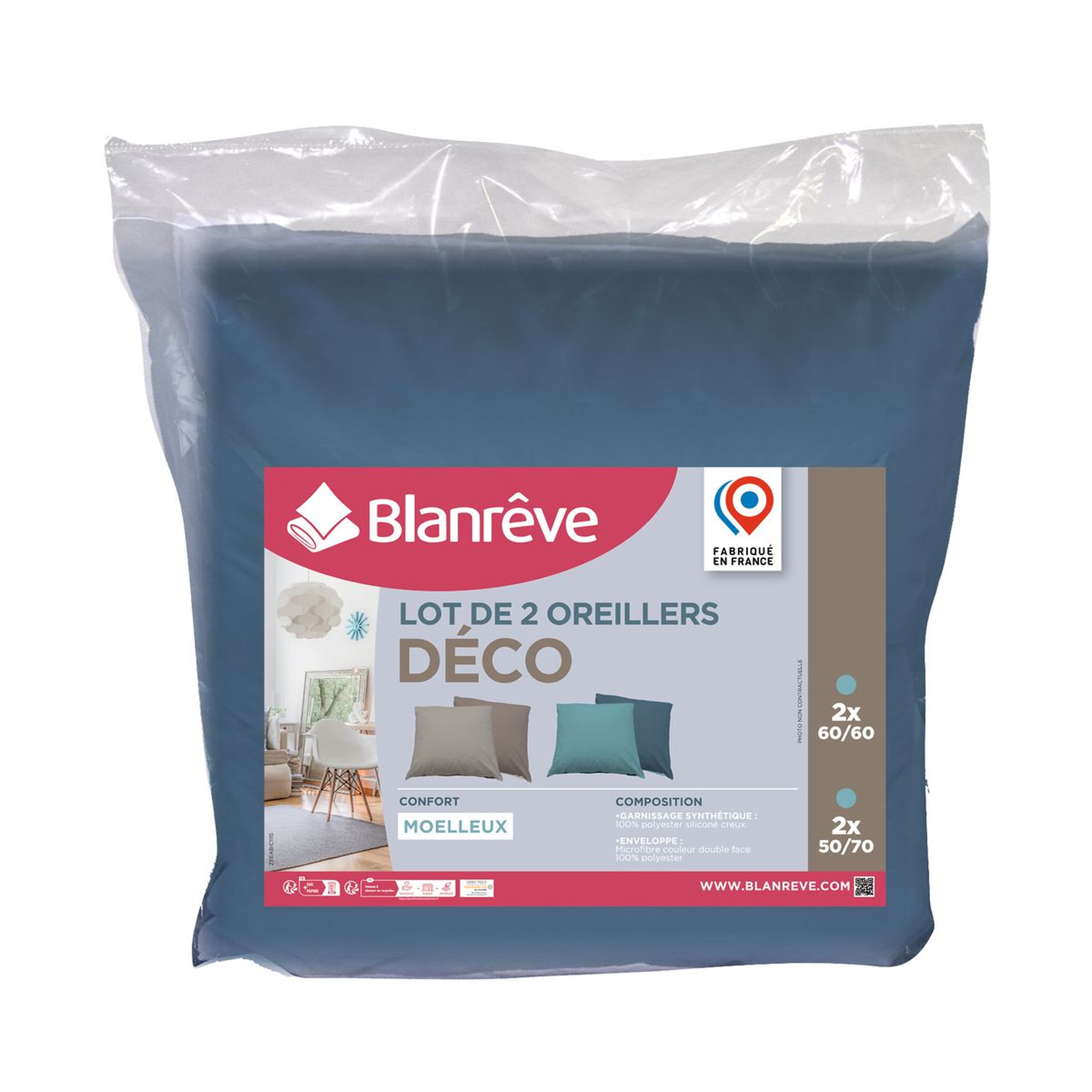 BLANREVE Lot de 2 oreillers bicolore confort moelleux 