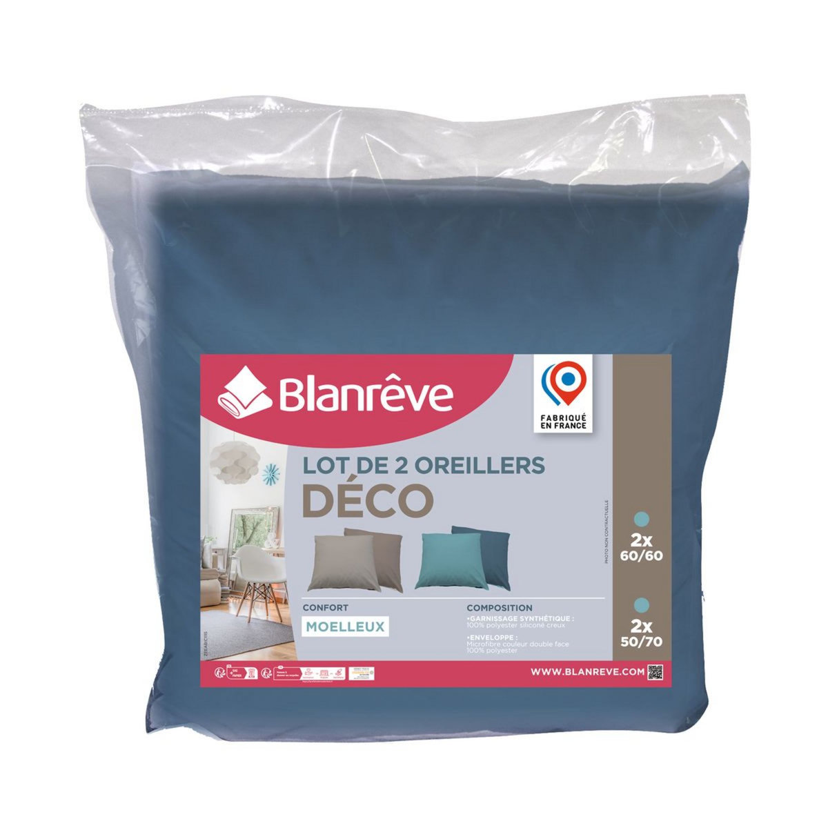 BLANREVE Lot de 2 oreillers bicolore confort moelleux 