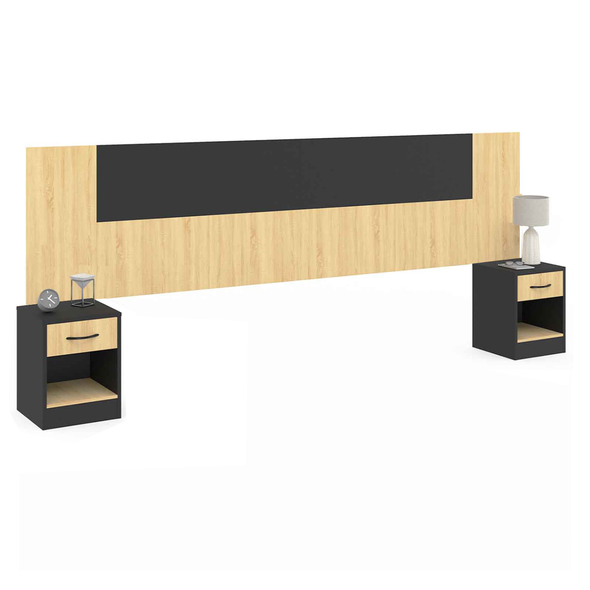 ID MARKET Tête de lit sur pied avec chevets modulables sapa pour lit 140, 160 ou 180 cm bois et noir