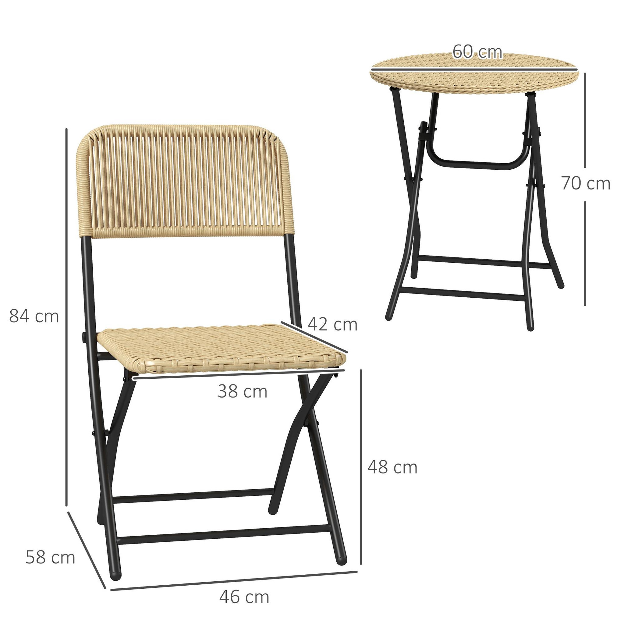 Voir la diapositive 3 : OUTSUNNY Ensemble bistro de jardin 3 pièces pliantes style cosy 2 chaises + table acier époxy noir résine tressée beige